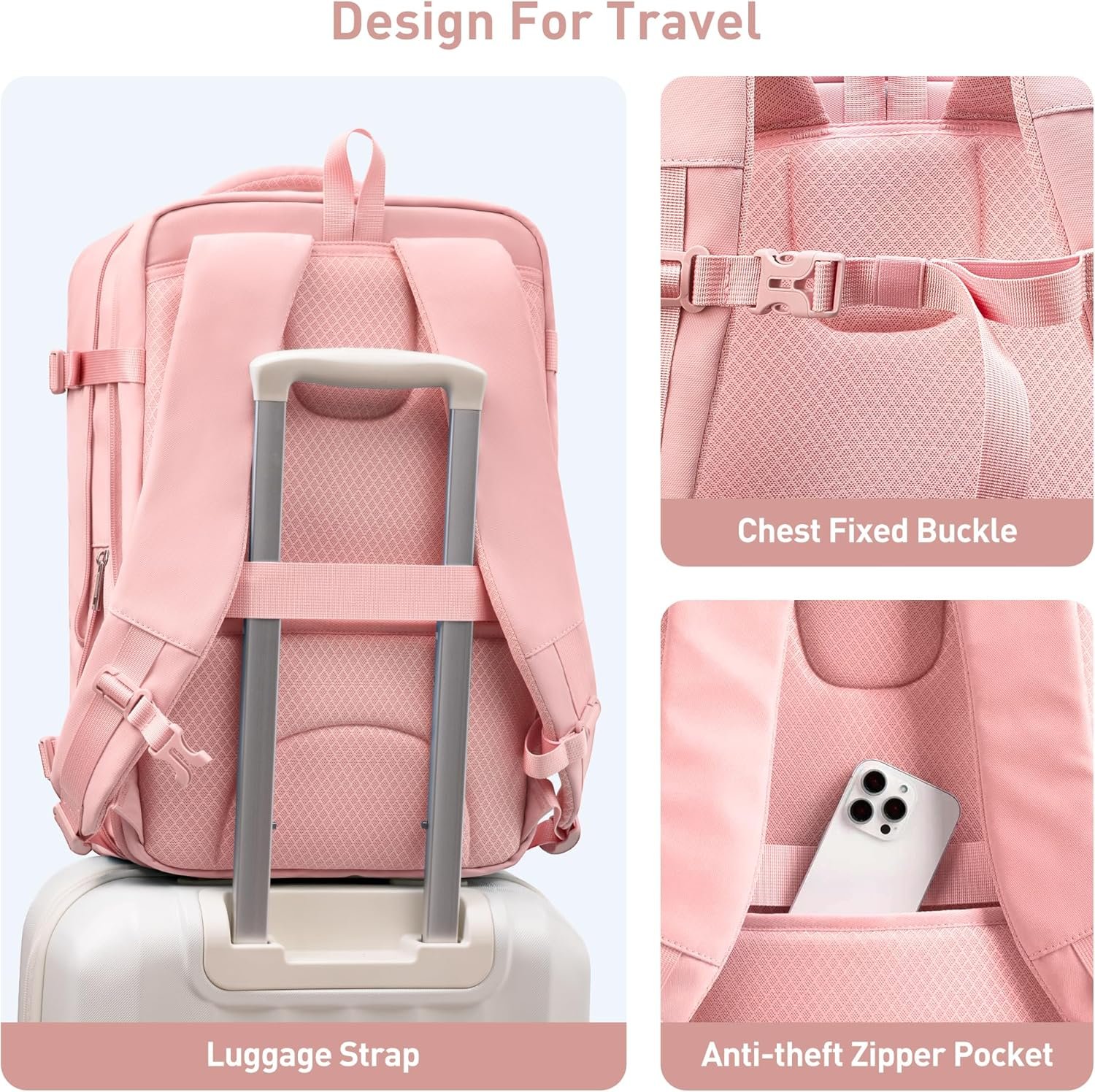 Custom Logo Laptop Backpack for 17 Inch Laptop 40L Expandable Private Label TSA Carry On Travel Bag with Padded Laptop Compartment Water Resistant College Commuter Pink from Factory