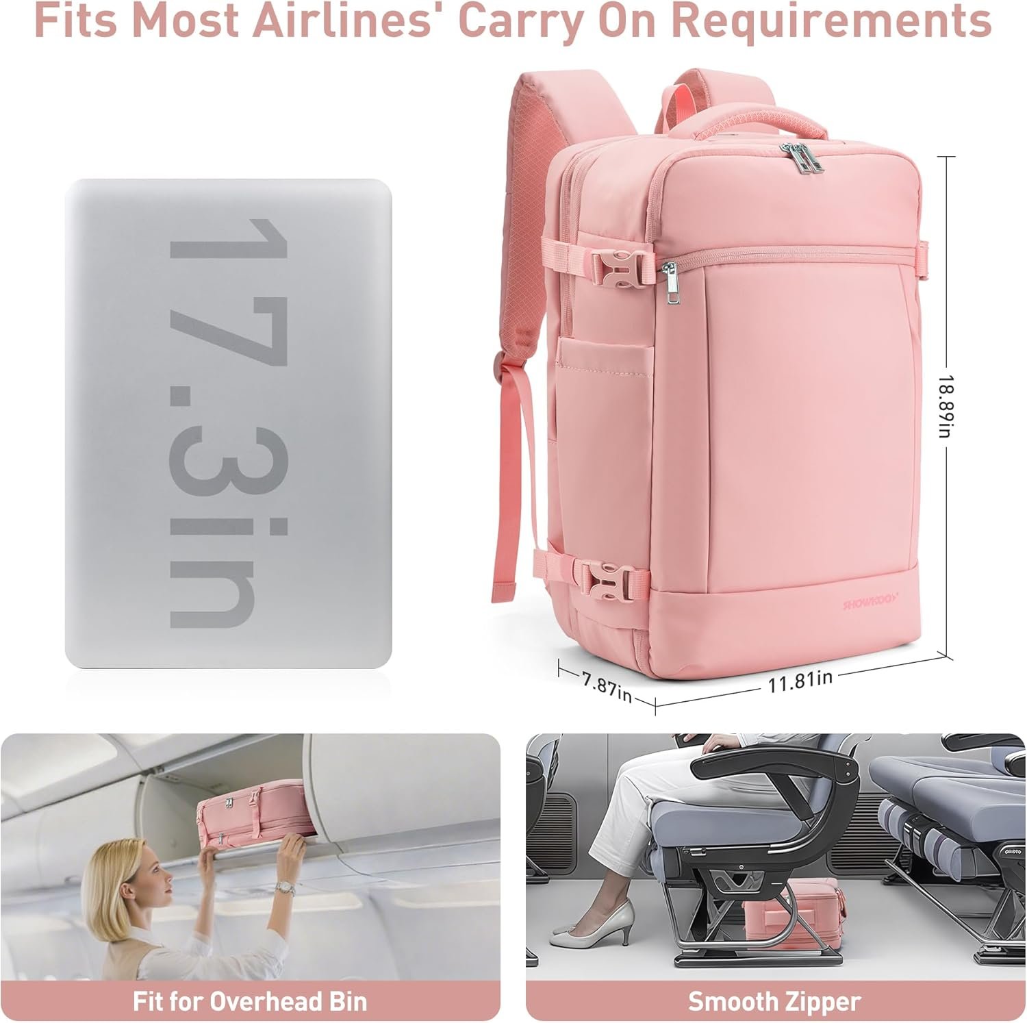 Custom Logo Laptop Backpack for 17 Inch Laptop 40L Expandable Private Label TSA Carry On Travel Bag with Padded Laptop Compartment Water Resistant College Commuter Pink from Factory