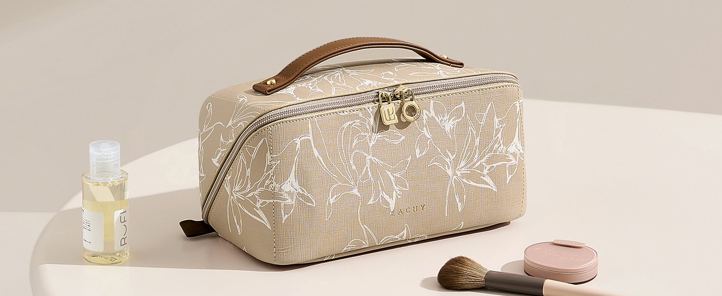 Manufacturer Large Capacity Travel Makeup Cosmetic Bag for Women Private Label Waterproof Portable Open Flat Toiletry Pouch Custom Logo (F-Beige)