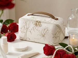 Manufacturer Large Capacity Travel Makeup Cosmetic Bag for Women Private Label Waterproof Portable Open Flat Toiletry Pouch Custom Logo (F-Beige)