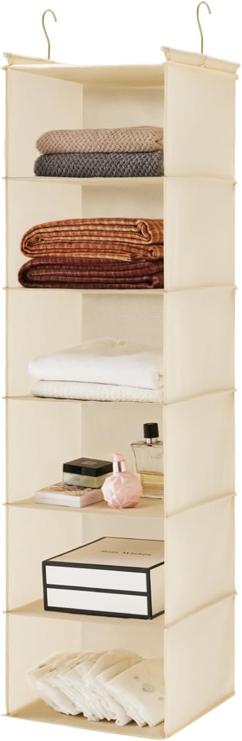 Manufacturer 6 Tier Private Label Hanging Closet Organizer Cloth Shelf with 2 Sturdy Hooks Custom Logo Foldable Beige