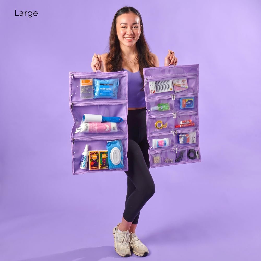 Custom Logo On-The-Go Hanging Travel Organizer with 14 Clear Vinyl Pockets Private Label for Makeup Accessories Factory 13.5 x 24 inches Lilac Large