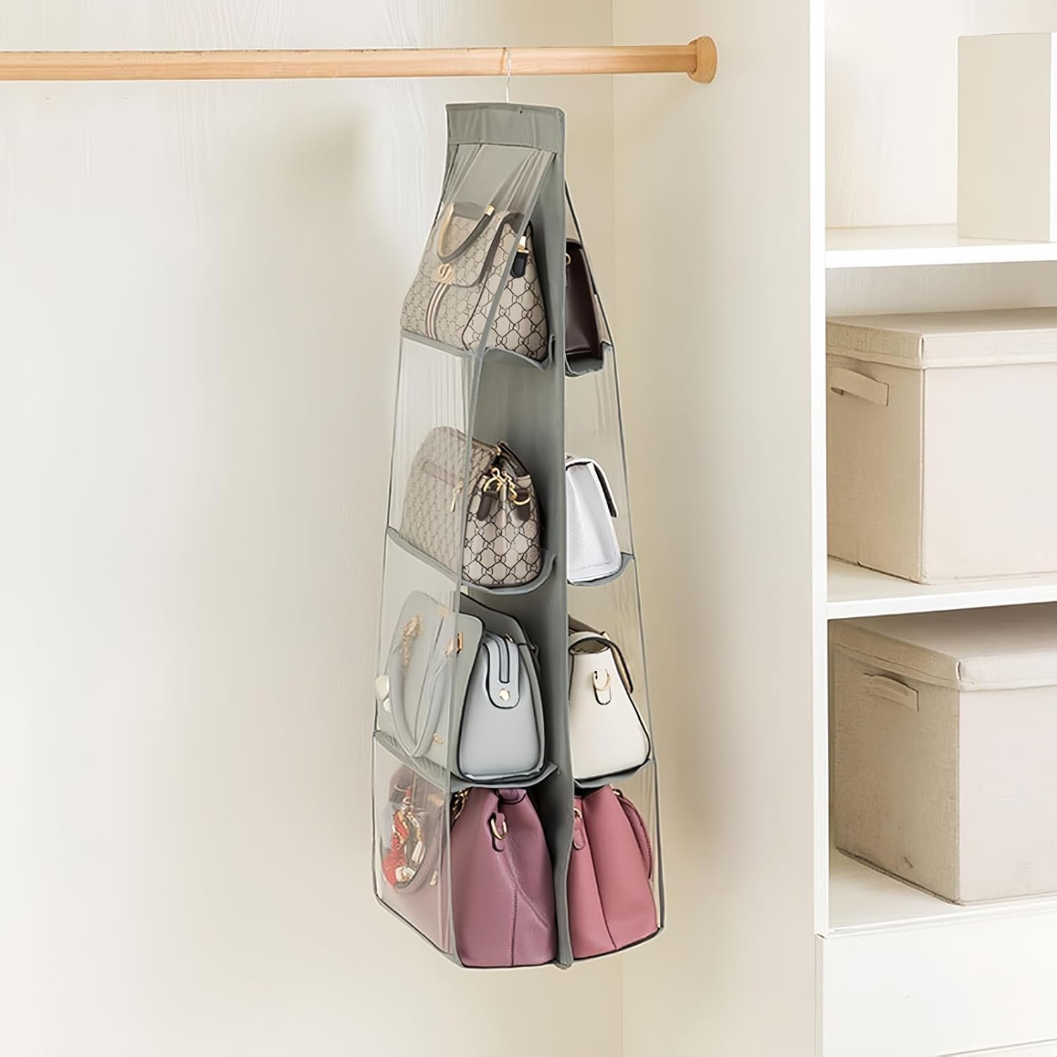 Private Label 8 Pockets Clear Handbag Purse Organizer Hanging Storage - Custom Logo Space Saving Shelf for Closet Wardrobe Over Door 2 Pack Grey Manufacturer Private Label 8 Pockets Clear Handbag Purse Organizer Hanging Storage - Custom Logo Space Saving Shelf for Closet Wardrobe Over Door 2 Pack Grey Manufacturer