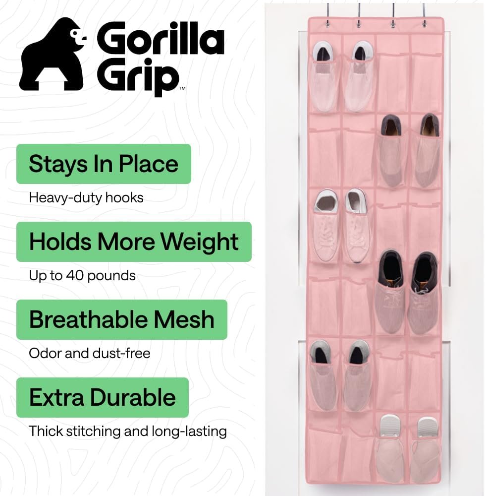 Private Label Over the Door Shoe Organizer with 24 Large Breathable Mesh Pockets Custom Logo Space Saving Hanging Closet Rack Holds Up to 40 lbs for Shoes Accessories Pink from Manufacturer