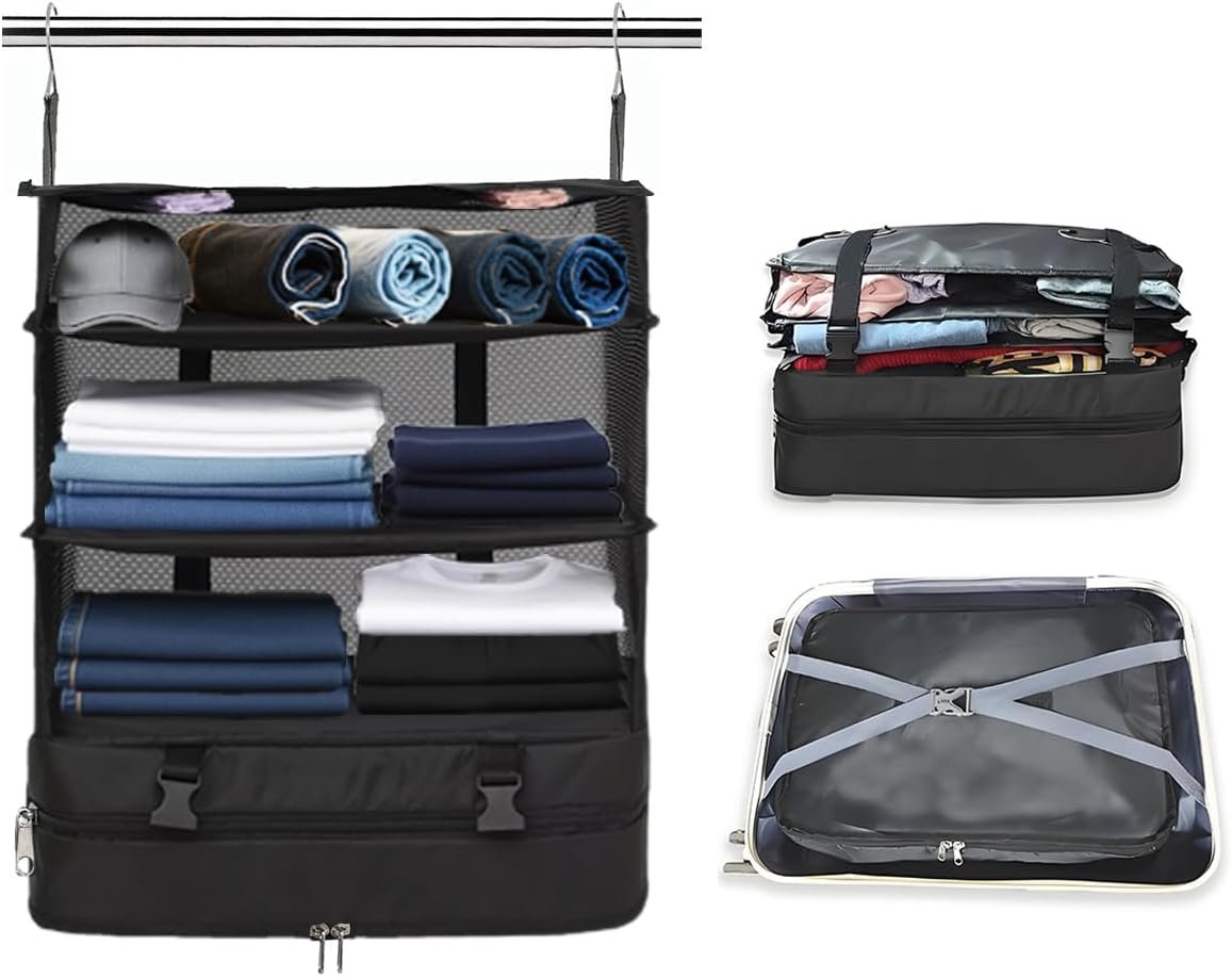 Private Label Portable Hanging Travel Packing Shelves Organizer for Luggage Compression Cube Bag Factory Custom Logo Black XL Capacity