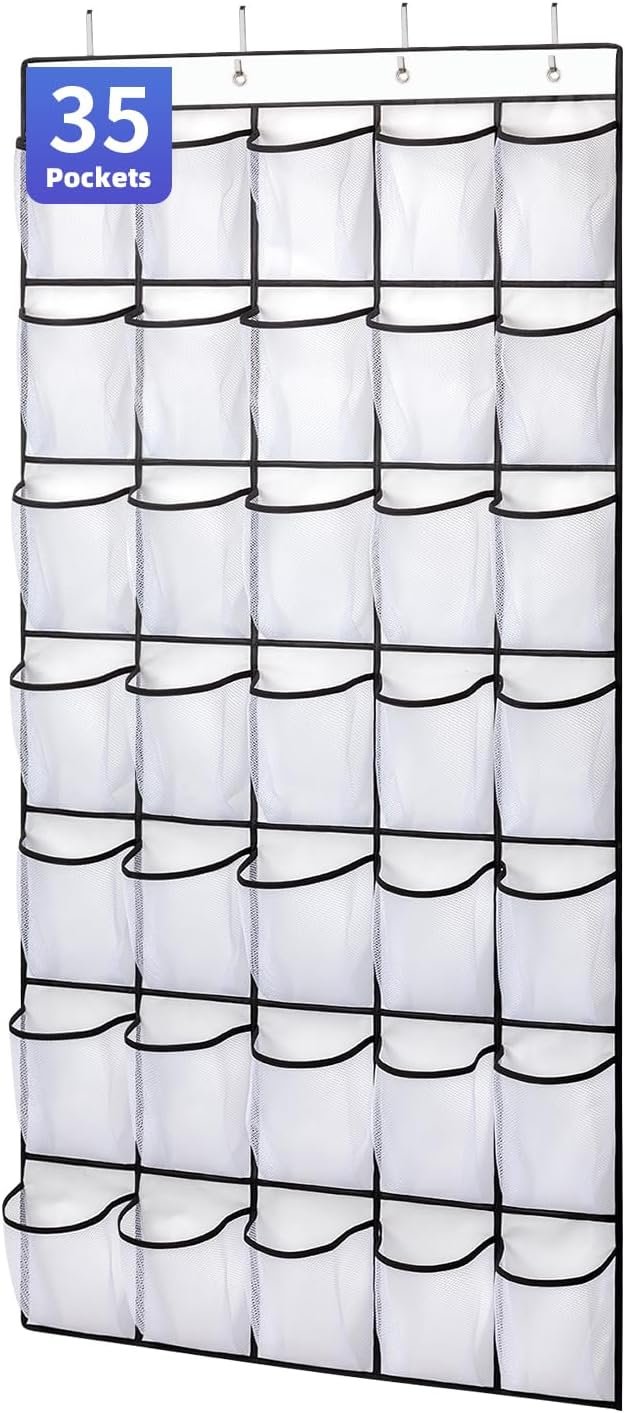 Private Label 35 Pockets Over the Door Shoe Organizer Manufacturer of Large Capacity Mesh Pockets Hanging Storage 4 Metal Hooks Custom Logo White 1Pack