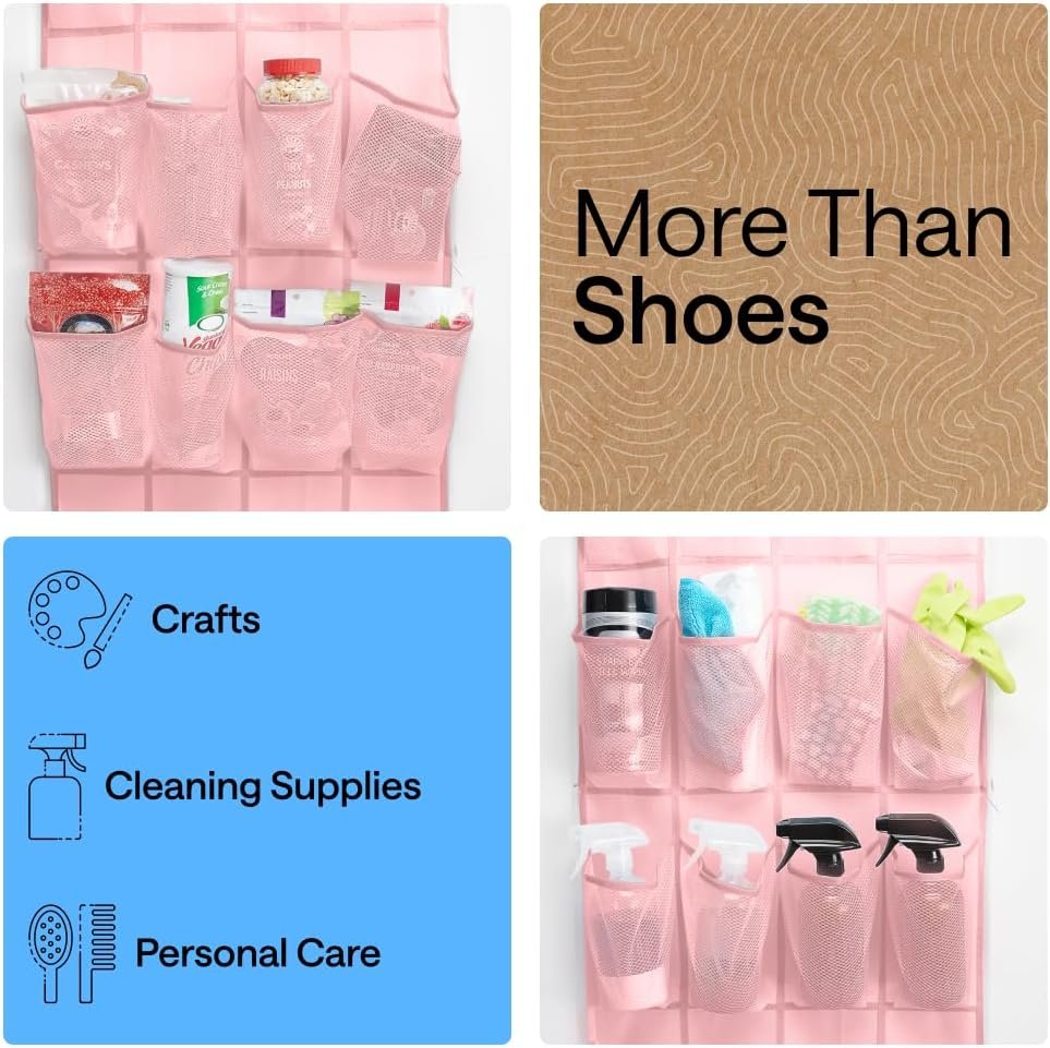Private Label Over the Door Shoe Organizer with 24 Large Breathable Mesh Pockets Custom Logo Space Saving Hanging Closet Rack Holds Up to 40 lbs for Shoes Accessories Pink from Manufacturer