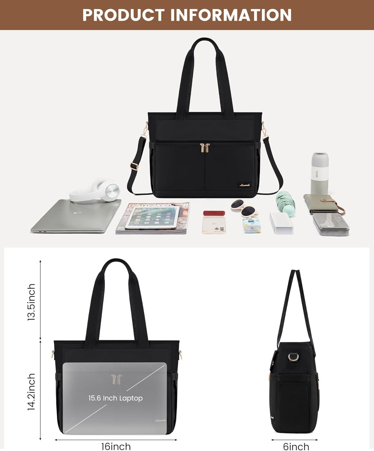 Private Label Teacher Tote Bag for Women 15.6 Inch Laptop Bag with Large Cup Pocket Custom Logo Large Capacity Multi Pockets Nurse Work Bag Professional Briefcase Business Purse Handbag Gifts Manufacturer Black