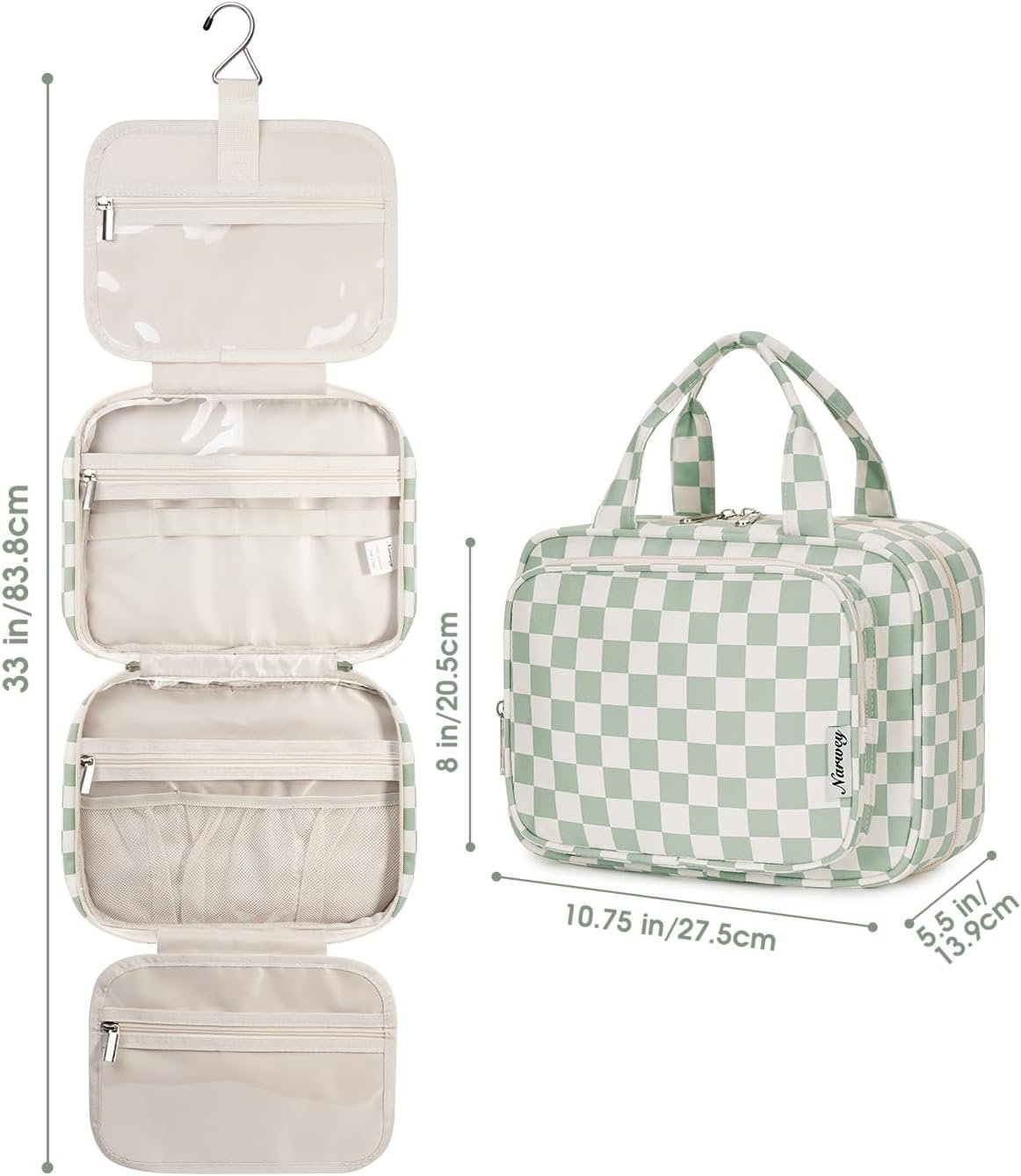 Private Label Hanging Toiletry Bag for Women Travel Checkered Makeup Organizer Toiletries for Essentials Accessories Brushes Cosmetics Custom Logo Manufacturer Green Checkerboard Medium