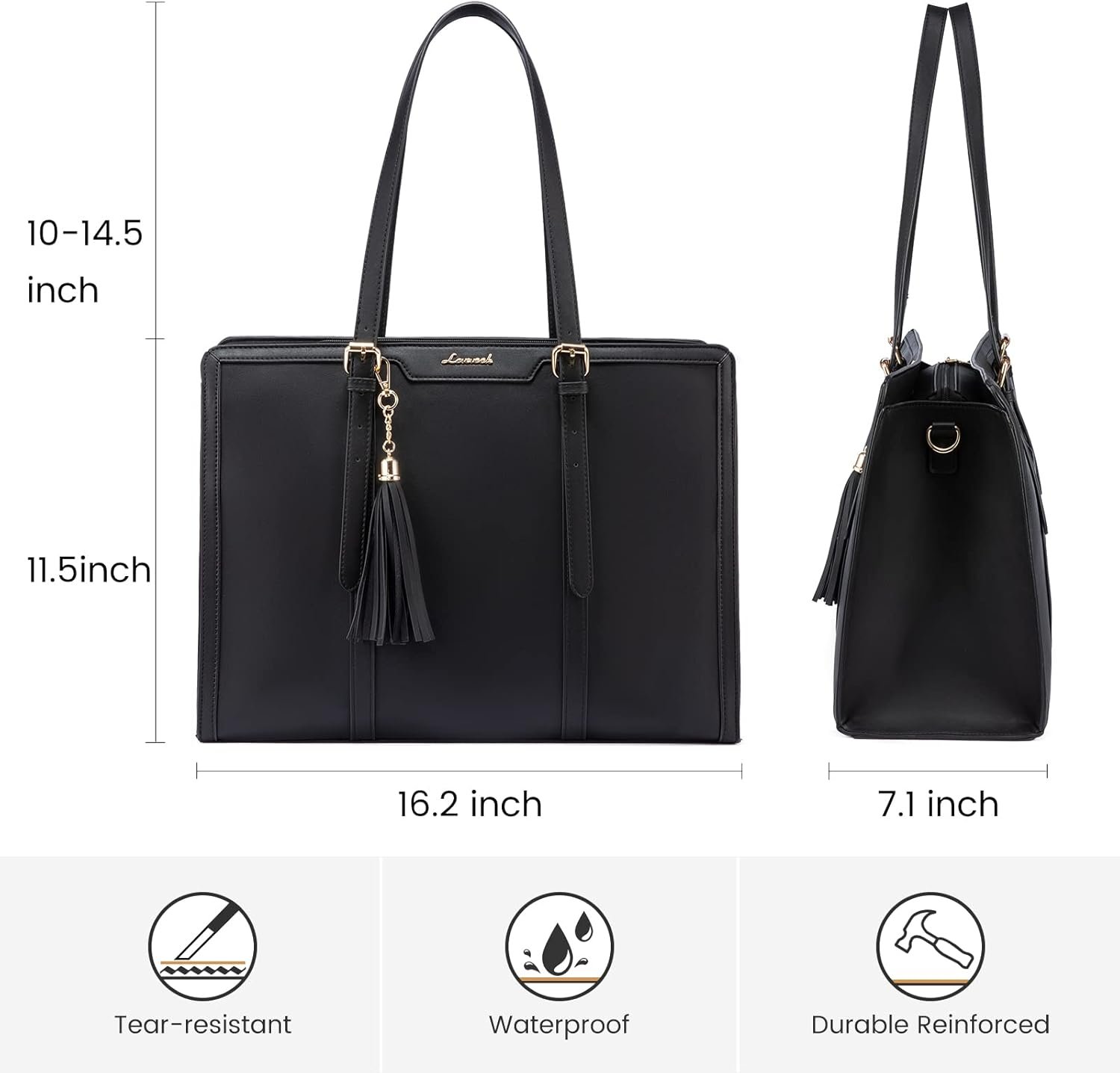 Custom Logo 15.6 Inch Women's Lightweight PU Laptop Tote Bag Large Capacity with Clutch Purse for Business Office Travel Private Label Manufacturer Black Leather