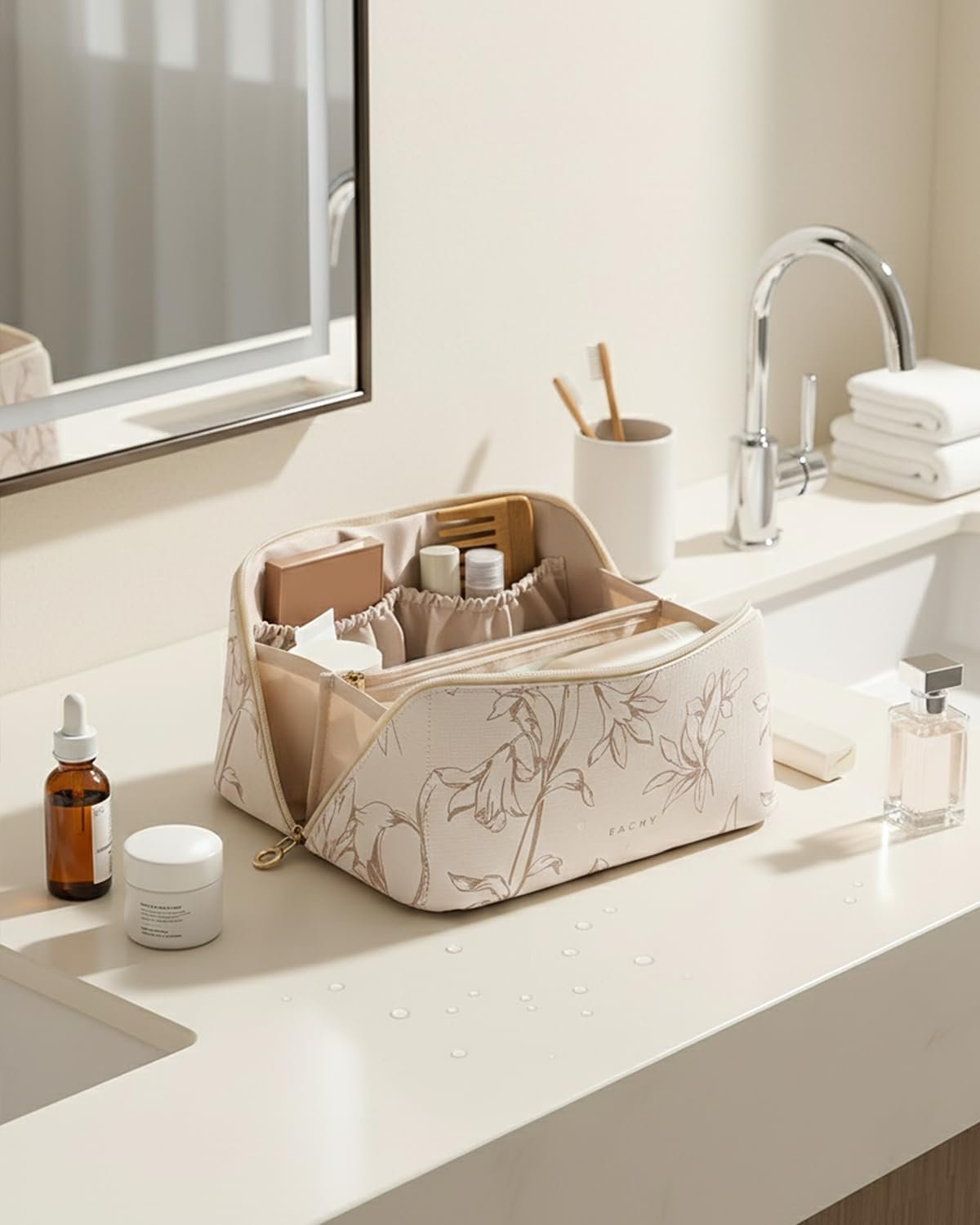 Manufacturer Large Capacity Travel Makeup Cosmetic Bag for Women Private Label Waterproof Portable Open Flat Toiletry Pouch Custom Logo (F-Beige)