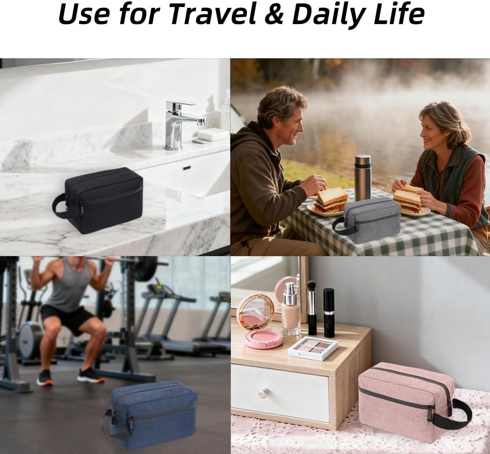 Custom Logo Travel Toiletry Bag for Women and Men, Private Label Small Water-Resistant Makeup Cosmetic Pouch Dopp Kit, Factory Travel Essentials (Black)