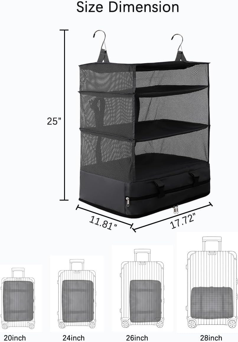 Private Label Portable Hanging Travel Packing Shelves Organizer for Luggage Compression Cube Bag Factory Custom Logo Black XL Capacity