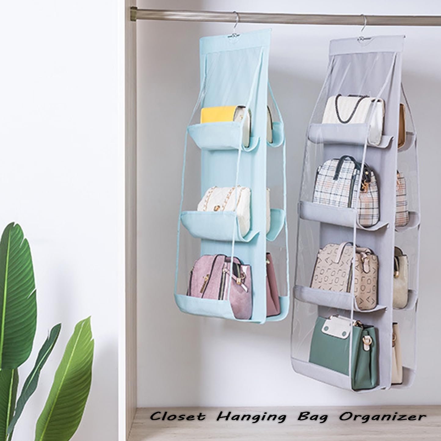 Private Label 1 Pack Hanging Handbag Purse Organizer - Custom Logo 8 Pockets Space Saving for Wardrobe Closet - Factory 44.5L x 13.5W B-Light Gray