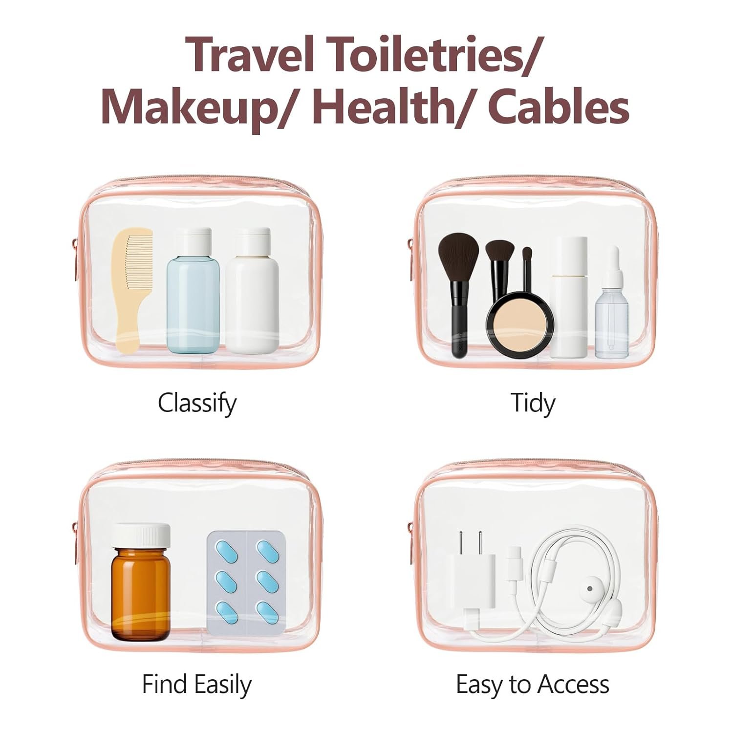 Private Label TSA Approved Clear Toiletry Bag 3 Pack Medium Quart Size for 3-1-1 Liquids with Custom Logo Metal Smooth Zipper Travel Makeup Bag for Women Men Airport Compliant Manufacturer Rose Pink