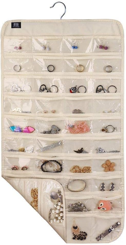 Custom Logo Hanging 80-Pocket Jewelry Accessories Organizer Private Label Manufacturer Beige