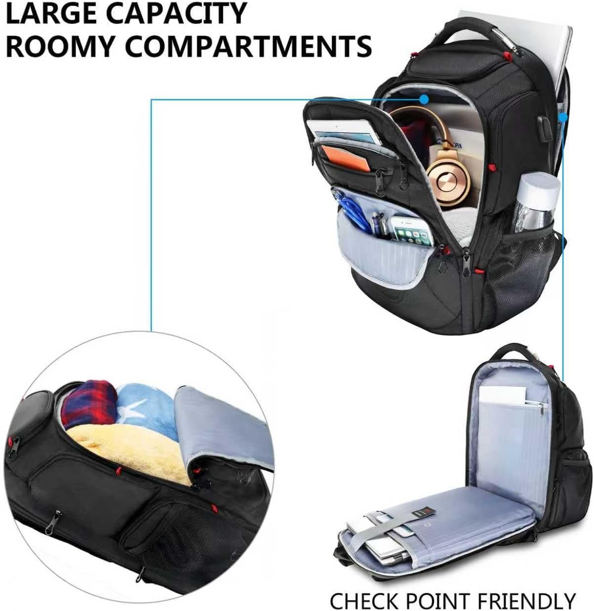 Private Label 17.3 Inch XL TSA Friendly Laptop Travel Backpack Water-Repellent Business College Daypack with Custom Logo RFID Pockets and USB Port Manufacturer for Men Women Black