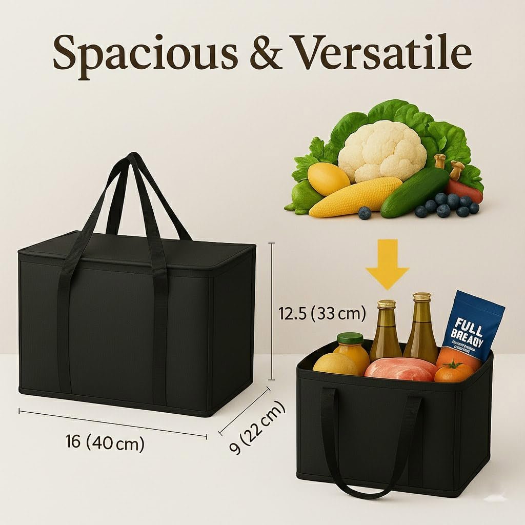 Private Label 2-Pack XL-Large Black Insulated Reusable Grocery Shopping Bags Thermal Zipper Collapsible Tote Cooler Custom Logo for Hot and Cold Food Transport Camping Factory