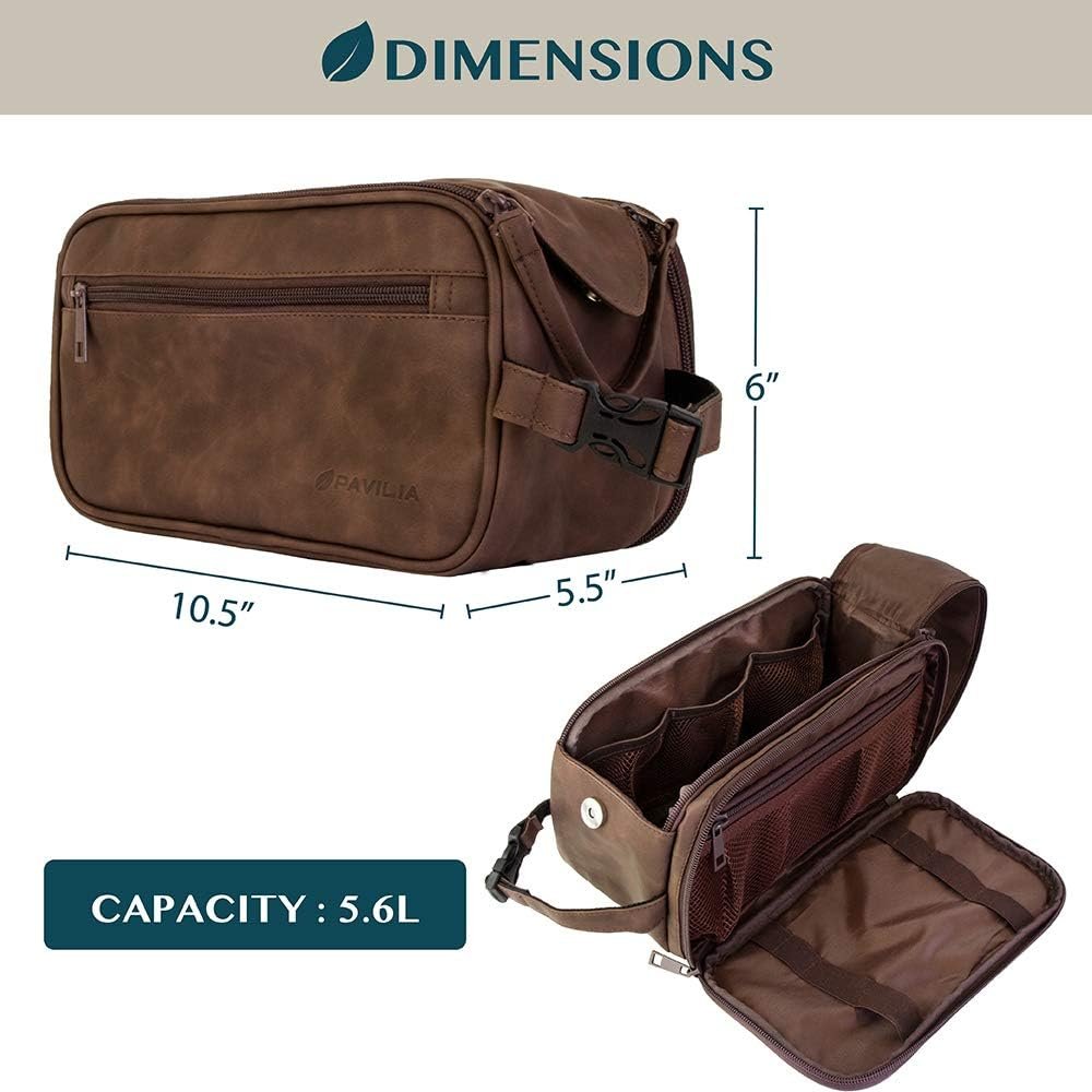 Private Label Toiletry Bag for Men Travel Essentials Shaving Dopp Kit Custom Logo Mens Toiletries Organizer Grooming Case Factory PU Leather Water Resistant Cosmetic Pouch (Dark Brown)
