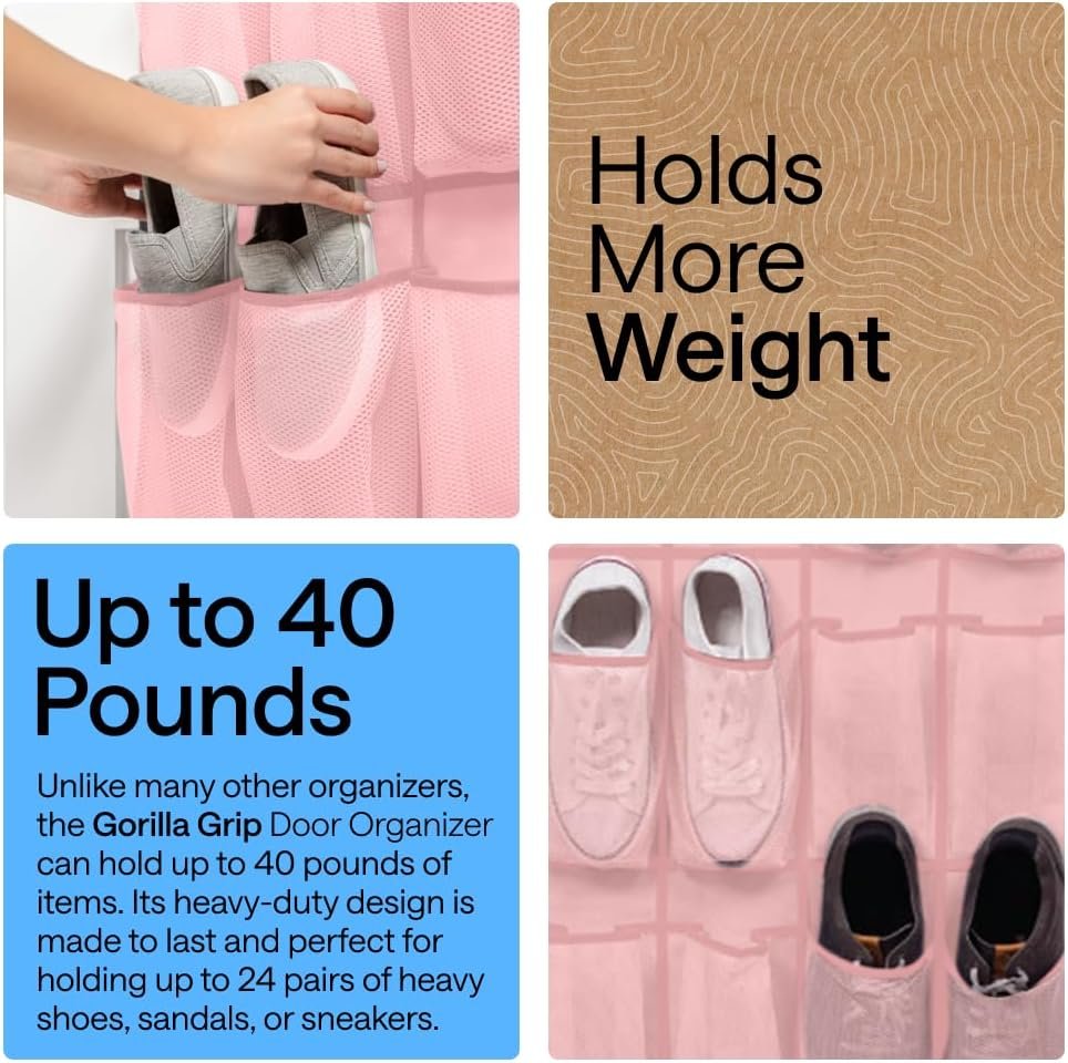 Private Label Over the Door Shoe Organizer with 24 Large Breathable Mesh Pockets Custom Logo Space Saving Hanging Closet Rack Holds Up to 40 lbs for Shoes Accessories Pink from Manufacturer