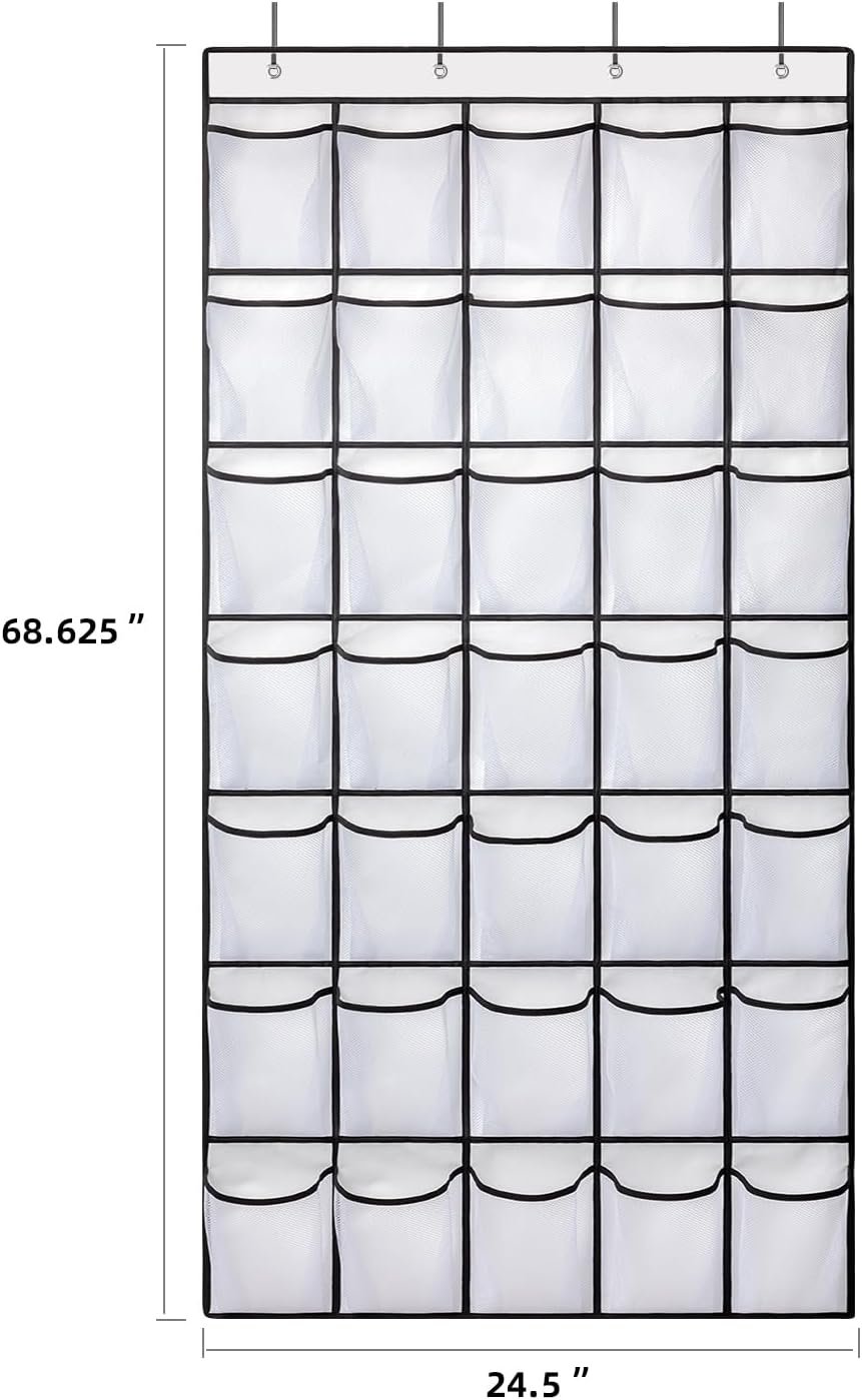 Private Label 35 Pockets Over the Door Shoe Organizer Manufacturer of Large Capacity Mesh Pockets Hanging Storage 4 Metal Hooks Custom Logo White 1Pack