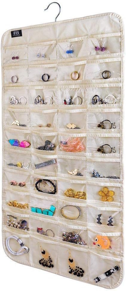 Custom Logo Hanging 80-Pocket Jewelry Accessories Organizer Private Label Manufacturer Beige