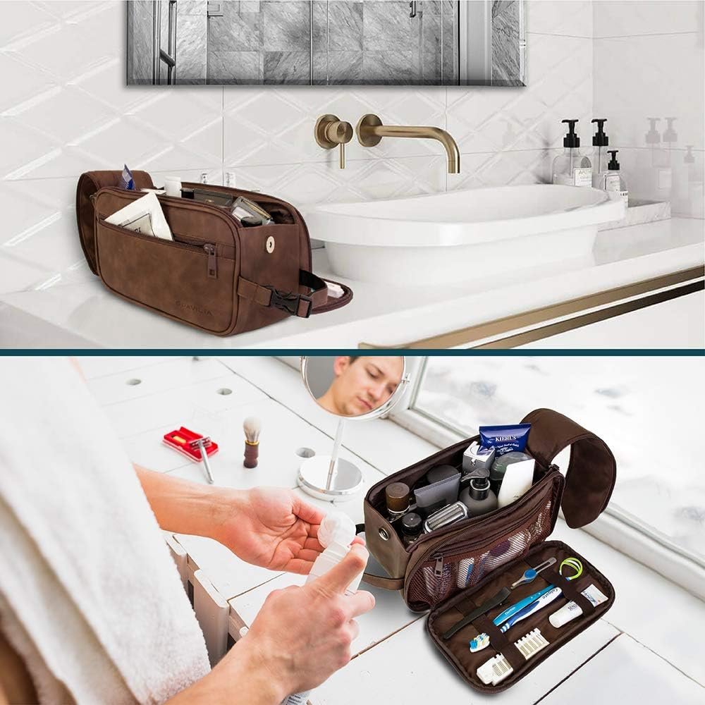 Private Label Toiletry Bag for Men Travel Essentials Shaving Dopp Kit Custom Logo Mens Toiletries Organizer Grooming Case Factory PU Leather Water Resistant Cosmetic Pouch (Dark Brown)