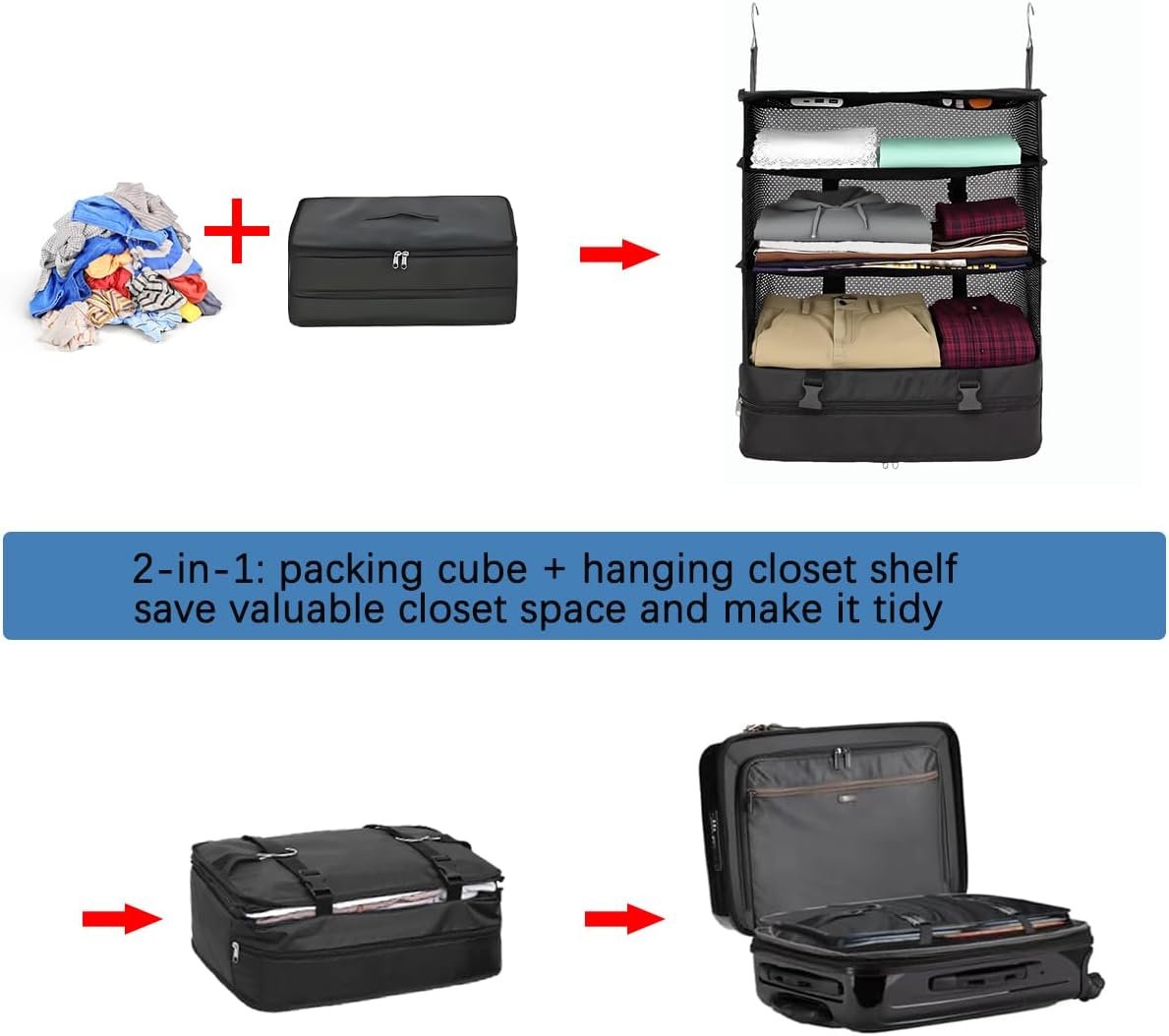 Private Label Portable Hanging Travel Packing Shelves Organizer for Luggage Compression Cube Bag Factory Custom Logo Black XL Capacity