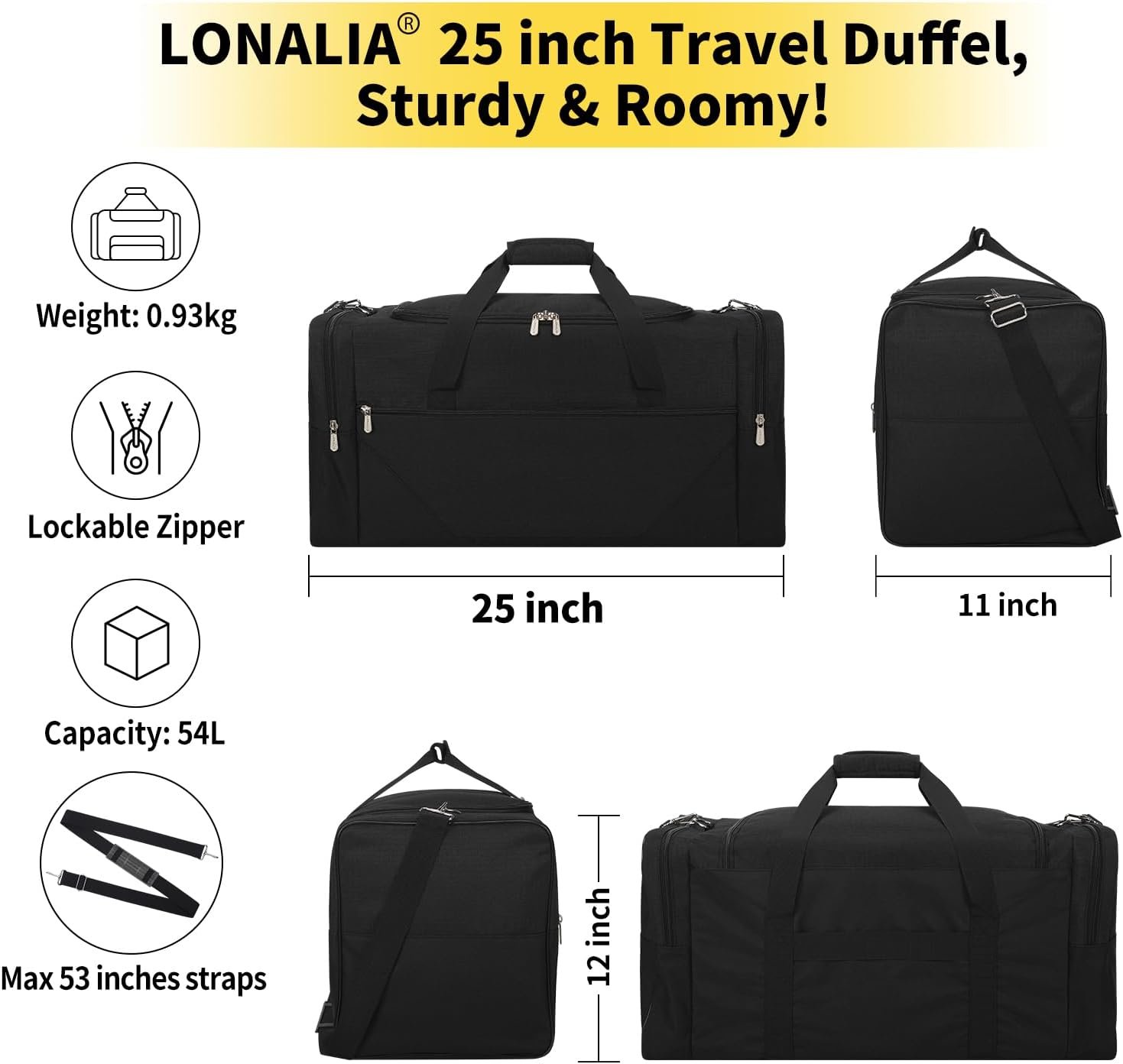 Private Label 25 in Large Travel Duffel Bag for Men with Custom Logo - 56L Roomy Weekender Bag with Trolley Sleeve from Manufacturer (Black)