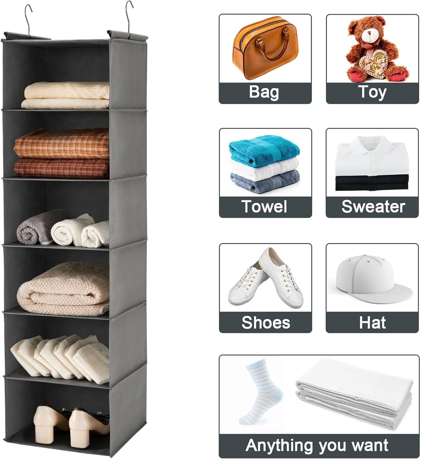 Private Label 6 Tier Hanging Closet Shelf Organizer with 2 Sturdy Hooks Custom Logo Foldable Grey Manufacturer