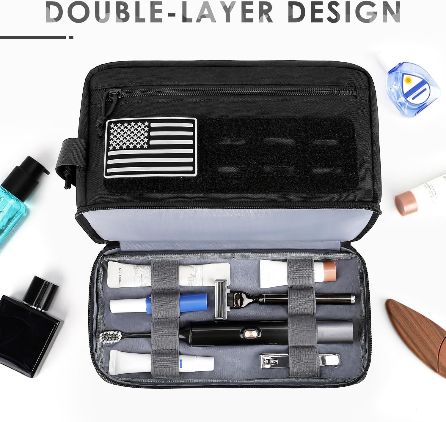 Private Label Tactical Toiletry Bag for Men Double Layer Hanging Water Resistant Shaving Dopp Kit with EDC Molle Pouches Travel Hygiene Organizer Bathroom Shower Makeup for Women Manufacturer Custom Logo Black