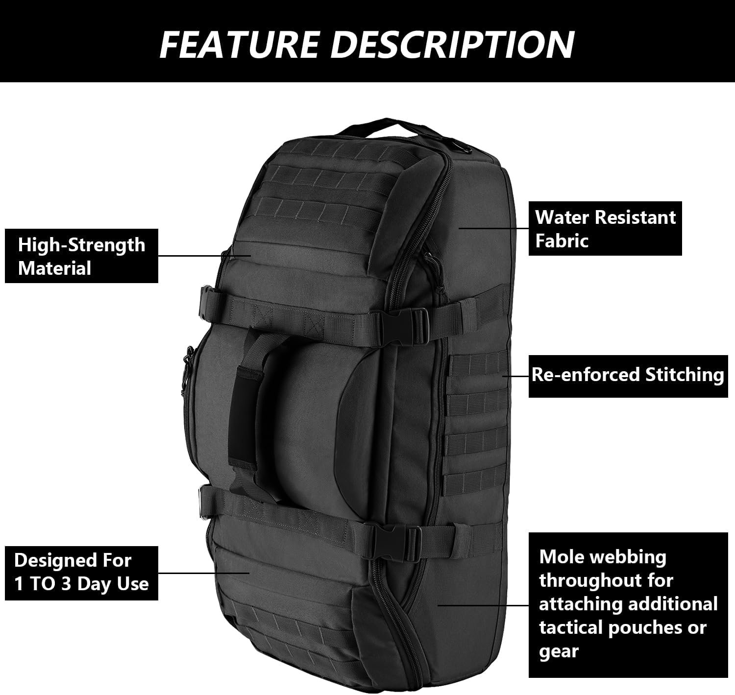 Private Label 65L Large Black Duffle Bag with Custom Logo 3-in-1 Tactical Backpack MOLLE Pack for Sports Gym Outdoor Factory