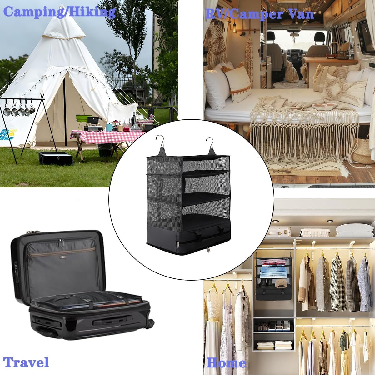 Private Label Portable Hanging Travel Packing Shelves Organizer for Luggage Compression Cube Bag Factory Custom Logo Black XL Capacity