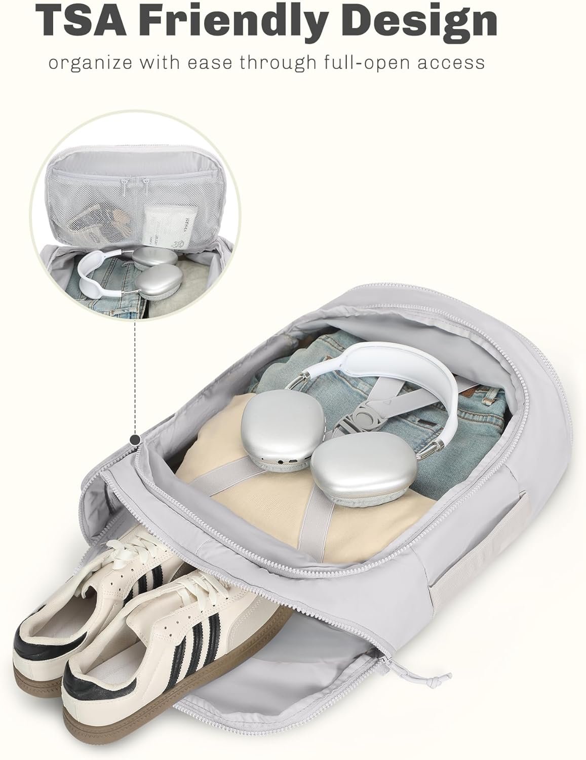 Private Label 16-Inch Lightweight Flight-Approved Travel Laptop Backpack Manufacturer 20L Carry-On Weekender Daypack Custom Logo Light Grey Blue