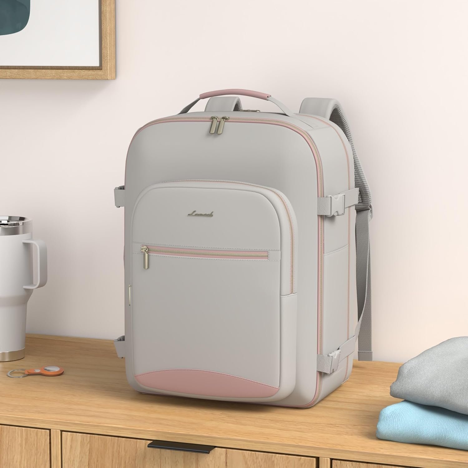 Private Label 40L Airline Approved Carry On Travel Backpack for Women and Men TSA Approved Waterproof Personal Item Bag with 3 Packing Cubes Custom Logo Manufacturer Light Gray-Pink