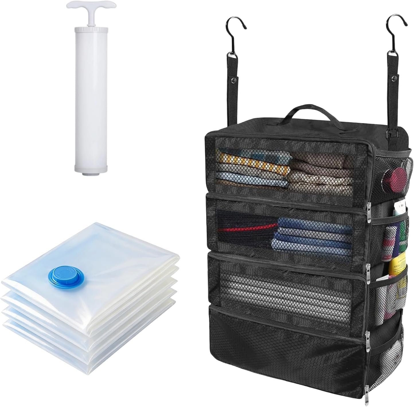 Factory Portable Hanging Collapsible Packing Cubes Suitcase Travel Organizer for Carry-On Luggage Private Label with 5 Medium Vacuum Storage Bags Hand Pump Custom Logo Black