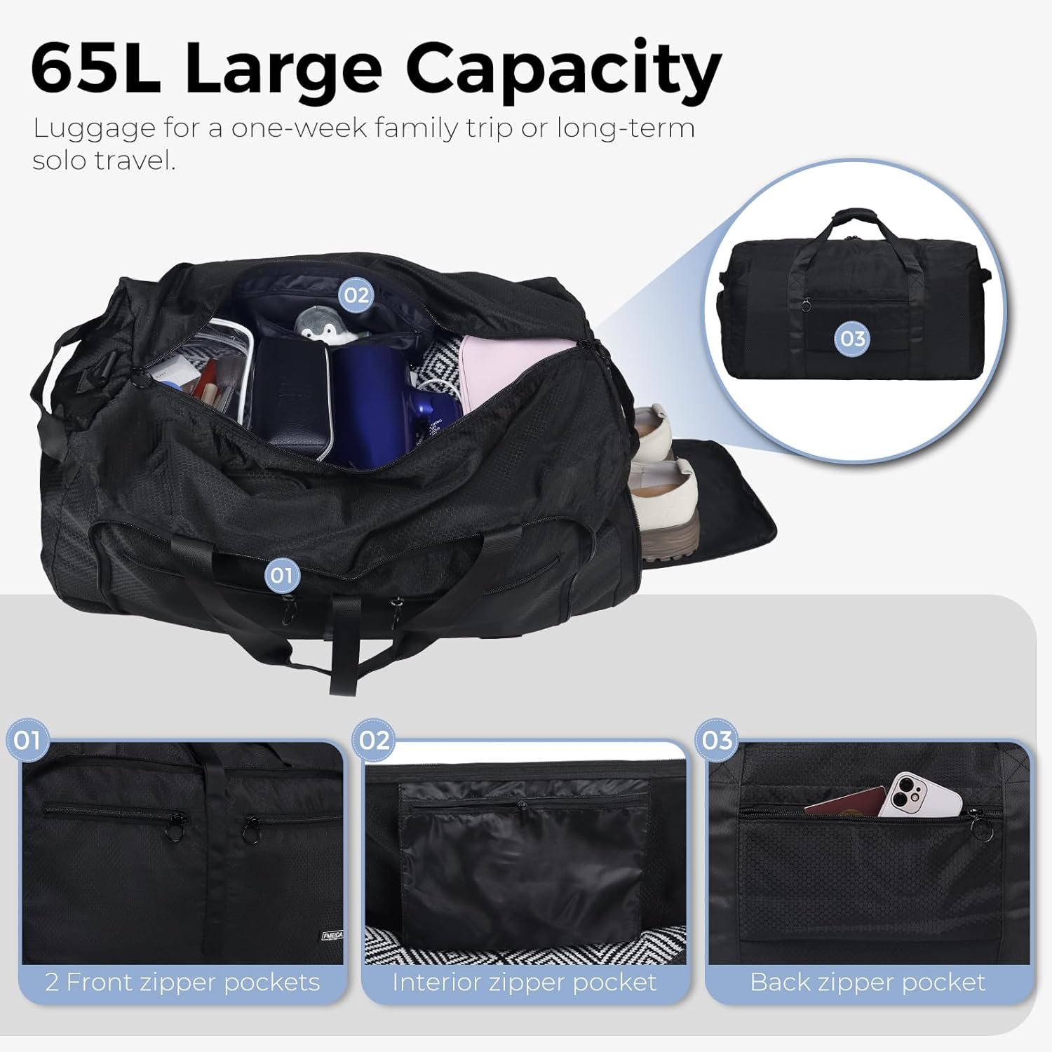 Custom Logo 65L Duffel Bag with Shoes Compartment Private Label Foldable Travel Duffel for Men Women Large Packable Water Repellent & Tear Resistant from Supplier Black