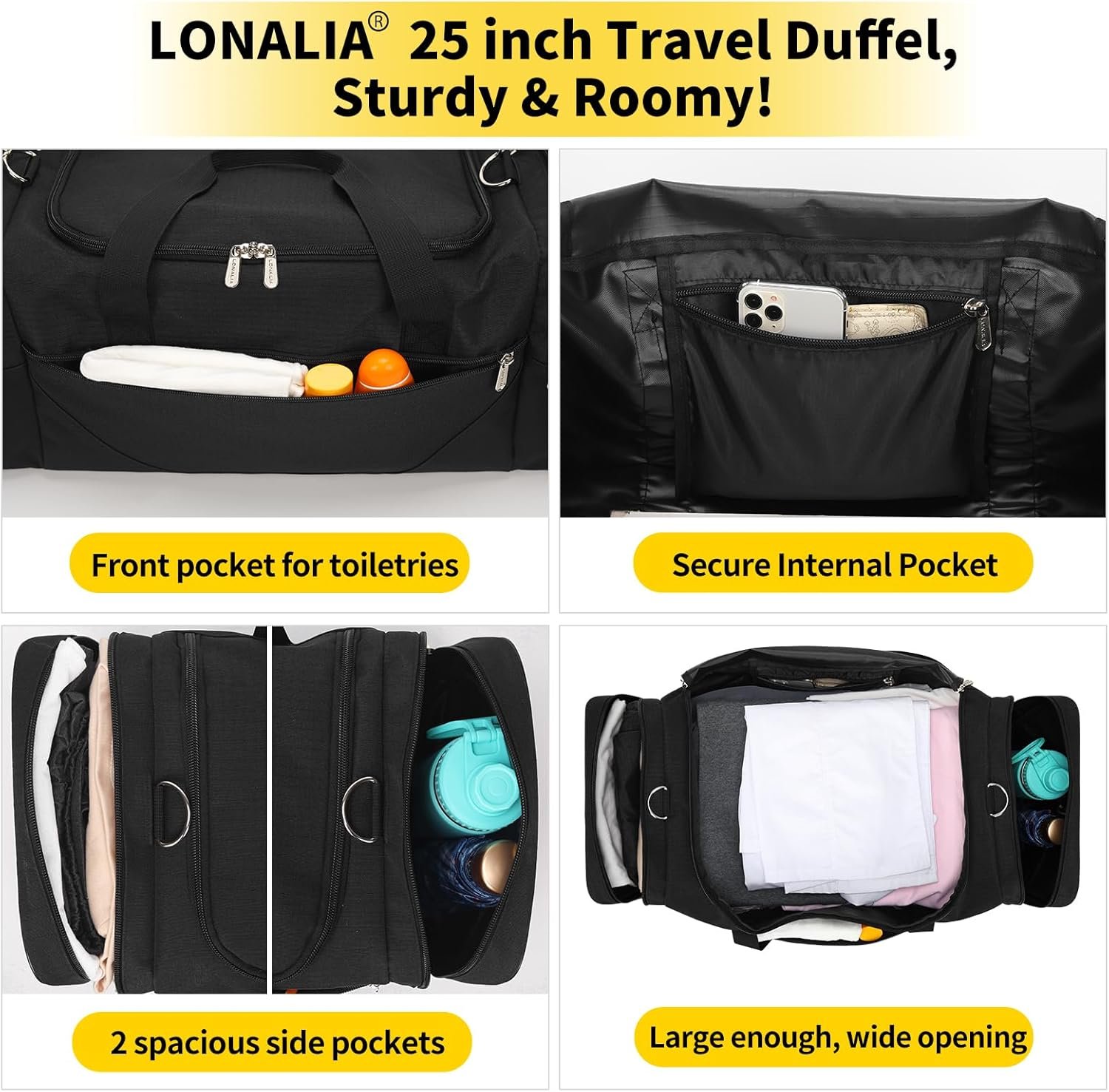 Private Label 25 in Large Travel Duffel Bag for Men with Custom Logo - 56L Roomy Weekender Bag with Trolley Sleeve from Manufacturer (Black)