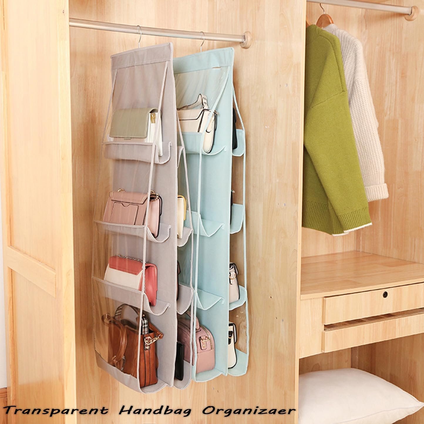 Private Label 1 Pack Hanging Handbag Purse Organizer - Custom Logo 8 Pockets Space Saving for Wardrobe Closet - Factory 44.5L x 13.5W B-Light Gray