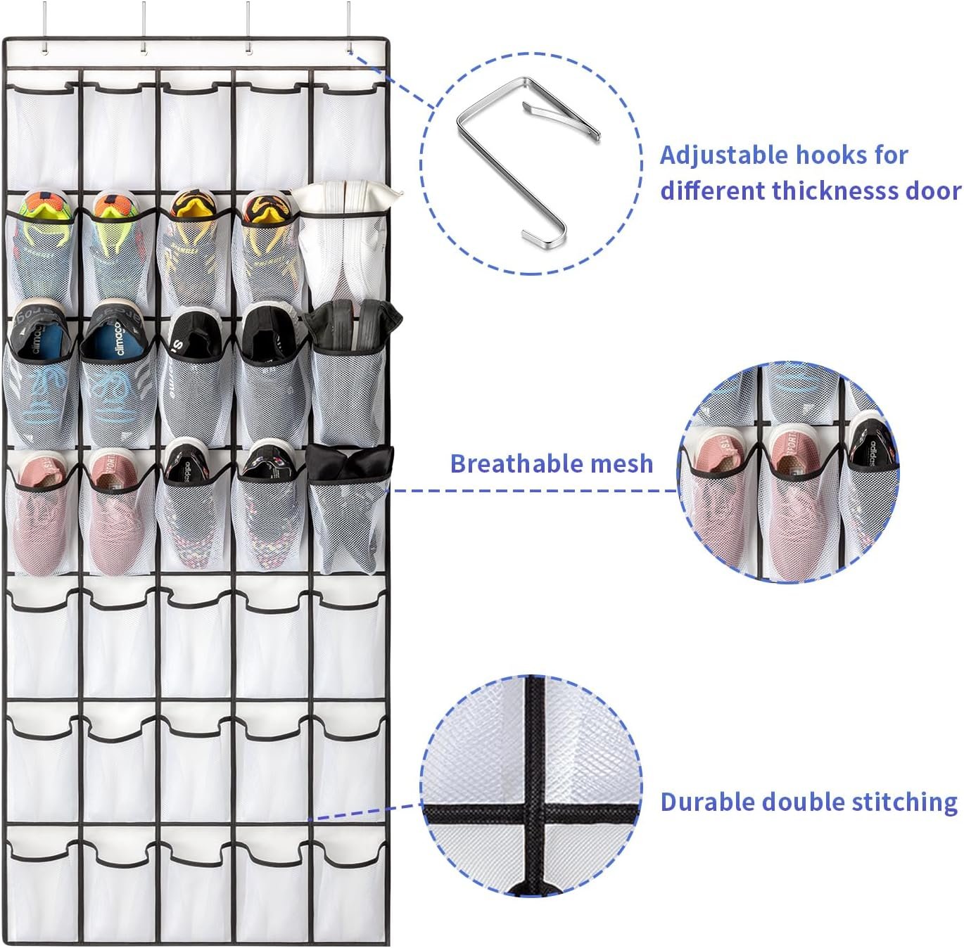 Private Label 35 Pockets Over the Door Shoe Organizer Manufacturer of Large Capacity Mesh Pockets Hanging Storage 4 Metal Hooks Custom Logo White 1Pack