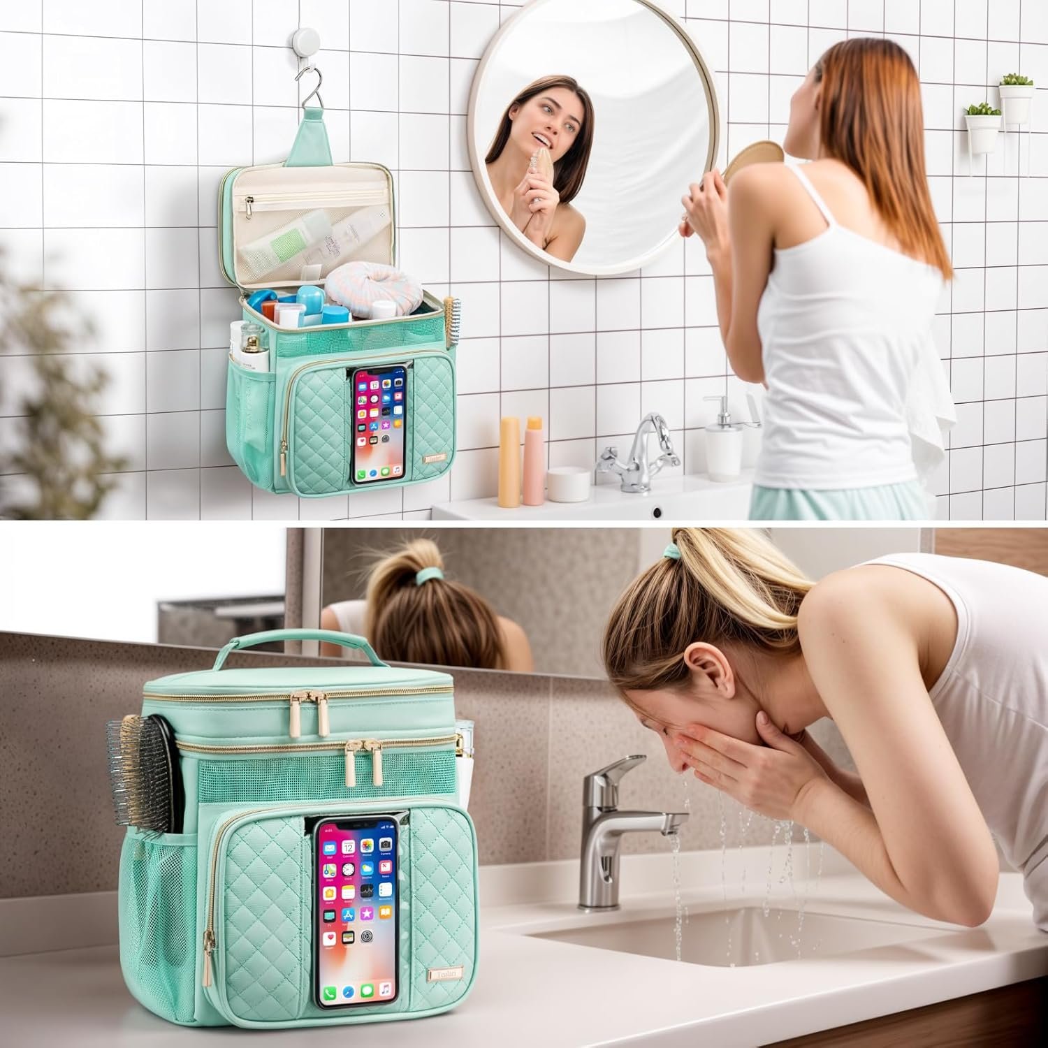 Custom Logo Large Water Resistant Hanging Toiletry Bag for Women Men Bathroom Shower Makeup Portable College Dorm Caddy Private Label with Transparent Waterproof Phone Pocket Factory