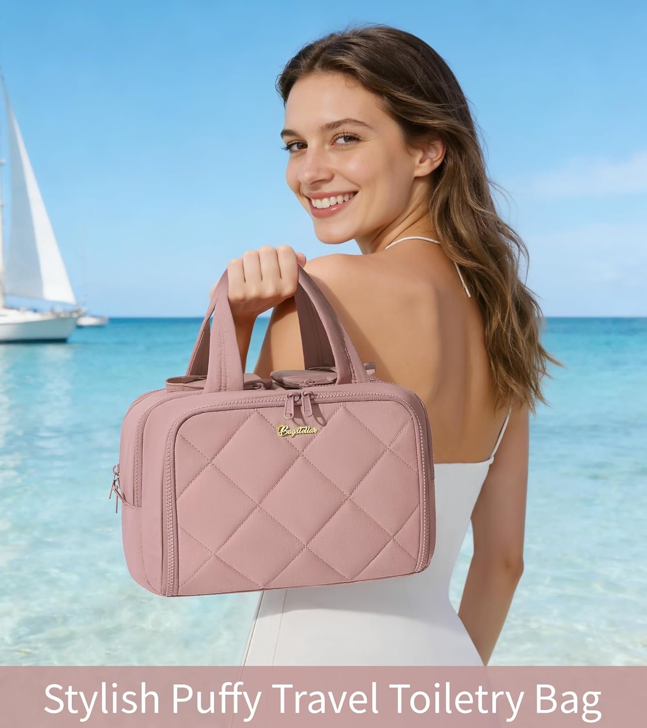 Supplier Large Wide-Open Puffy Travel Toiletry Bag Custom Logo Lightweight Quilted Makeup Cosmetic Organizer Water-Resistant with Handle Dark Pink Private Label