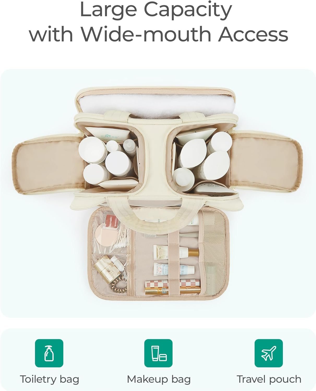 Custom Logo Puffy Large Travel Toiletry Bag for Women Private Label Lightweight Cosmetic Makeup Organizer with Handle Factory Direct (Green)