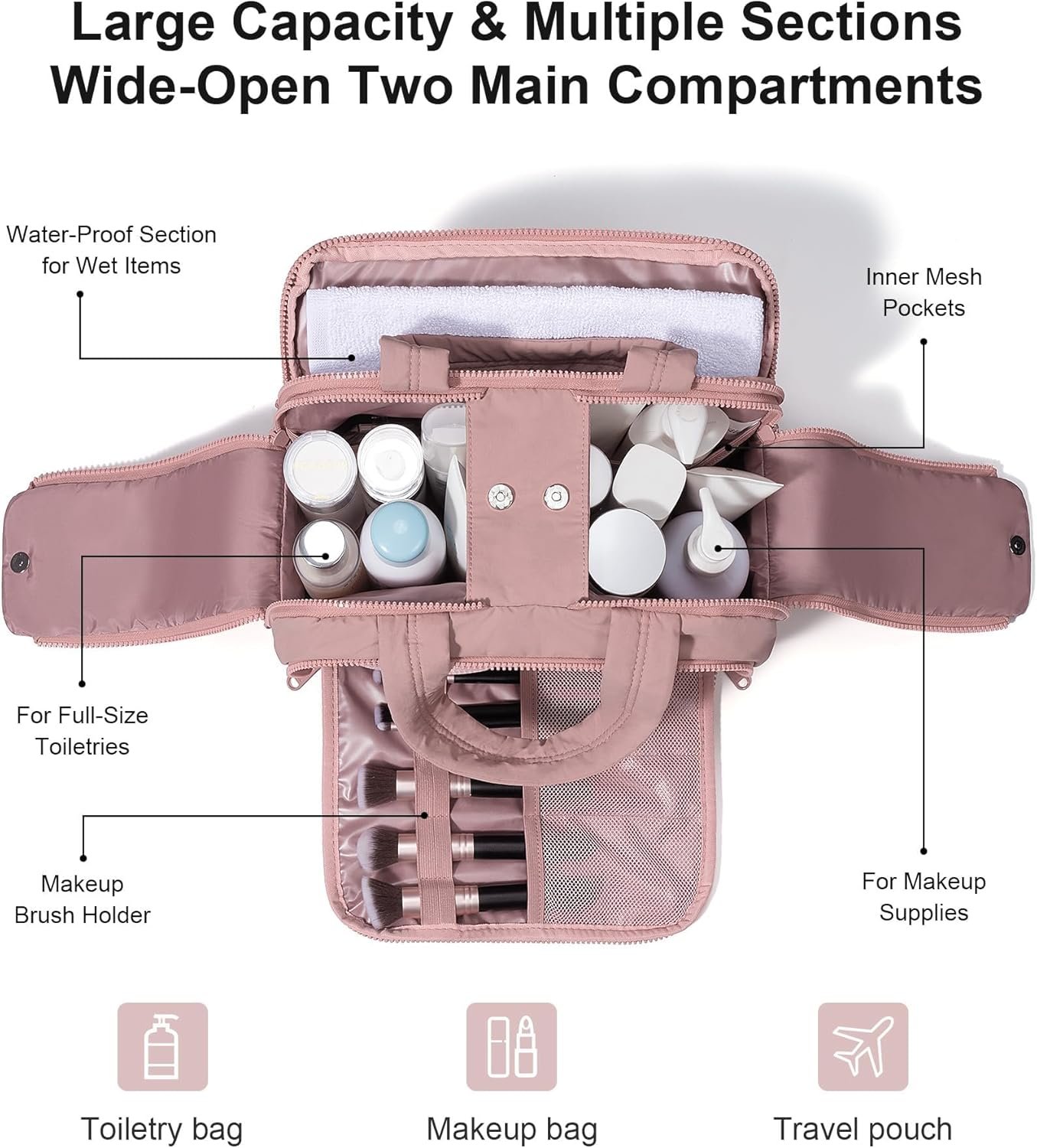 Supplier Large Wide-Open Puffy Travel Toiletry Bag Custom Logo Lightweight Quilted Makeup Cosmetic Organizer Water-Resistant with Handle Dark Pink Private Label