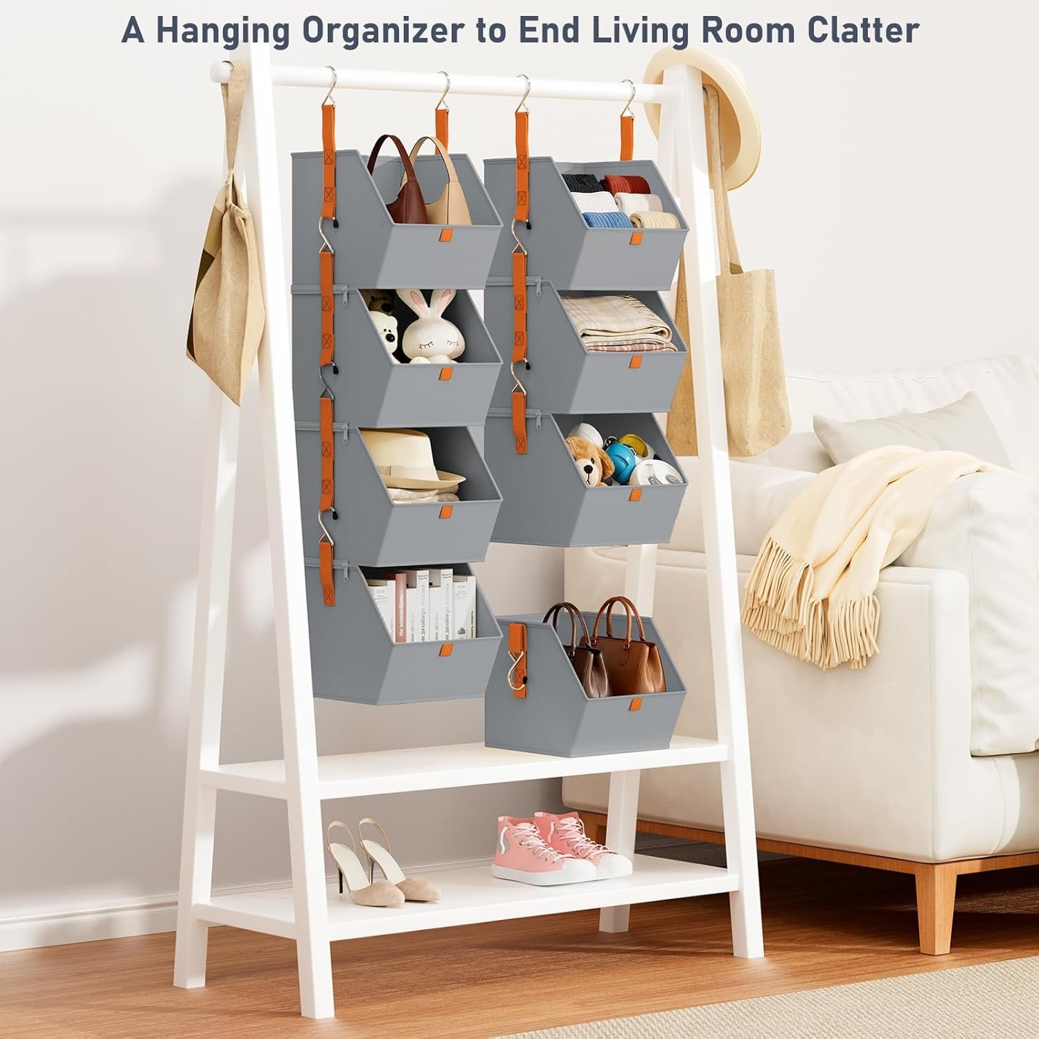 Private Label 4 Tier Collapsible Hanging Closet Organizer Fabric Shelves with Hooks Zipper Manufacturer Space-Saving Storage Basket Custom Logo for RV Bedroom Laundry