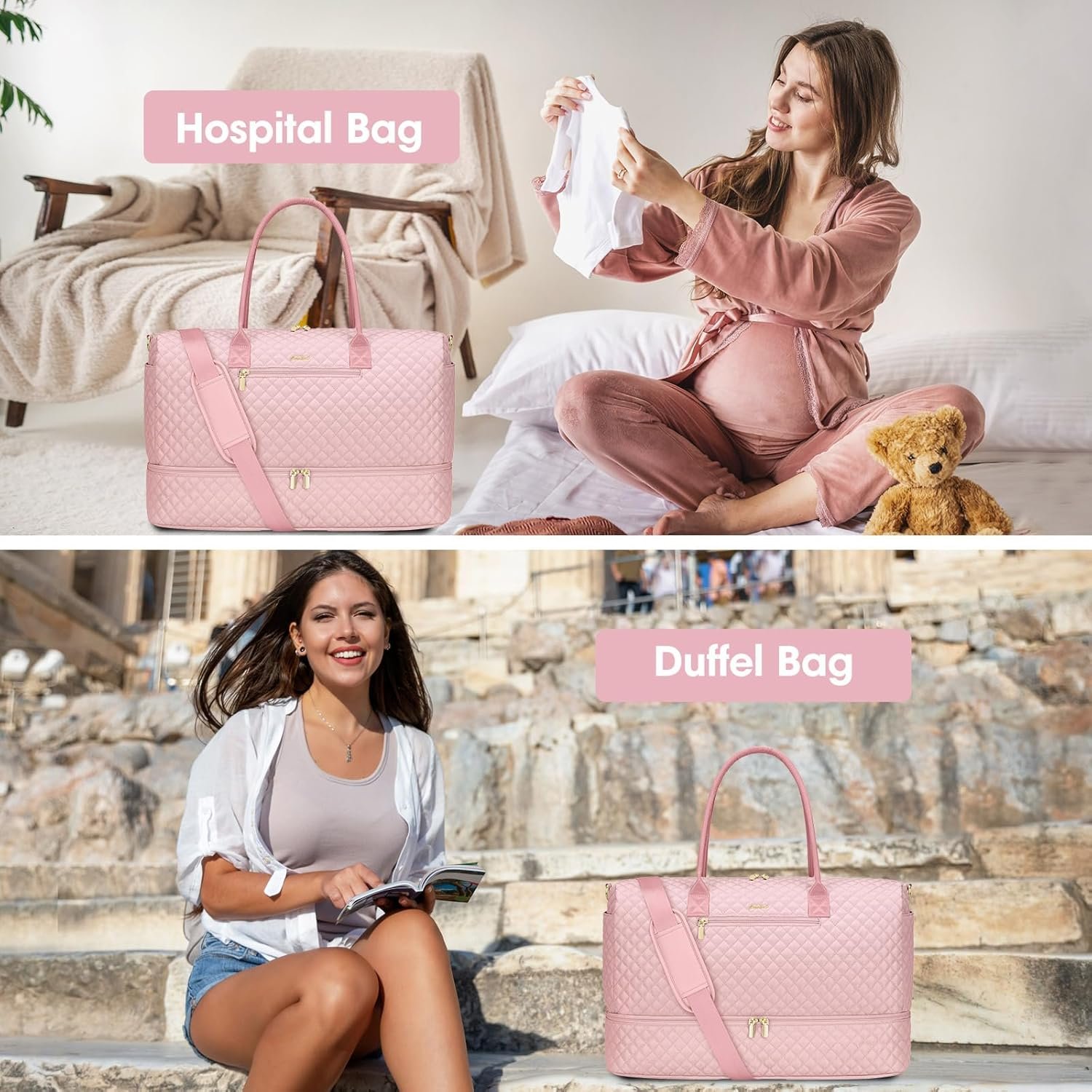 Custom Logo Womens Travel Weekender Duffle Bags with Shoe Compartment Private Label Carry-On Overnight Duffel Bag with Toiletry Bag Wet Pocket for Gym Hospital Labor Delivery Pink Manufacturer