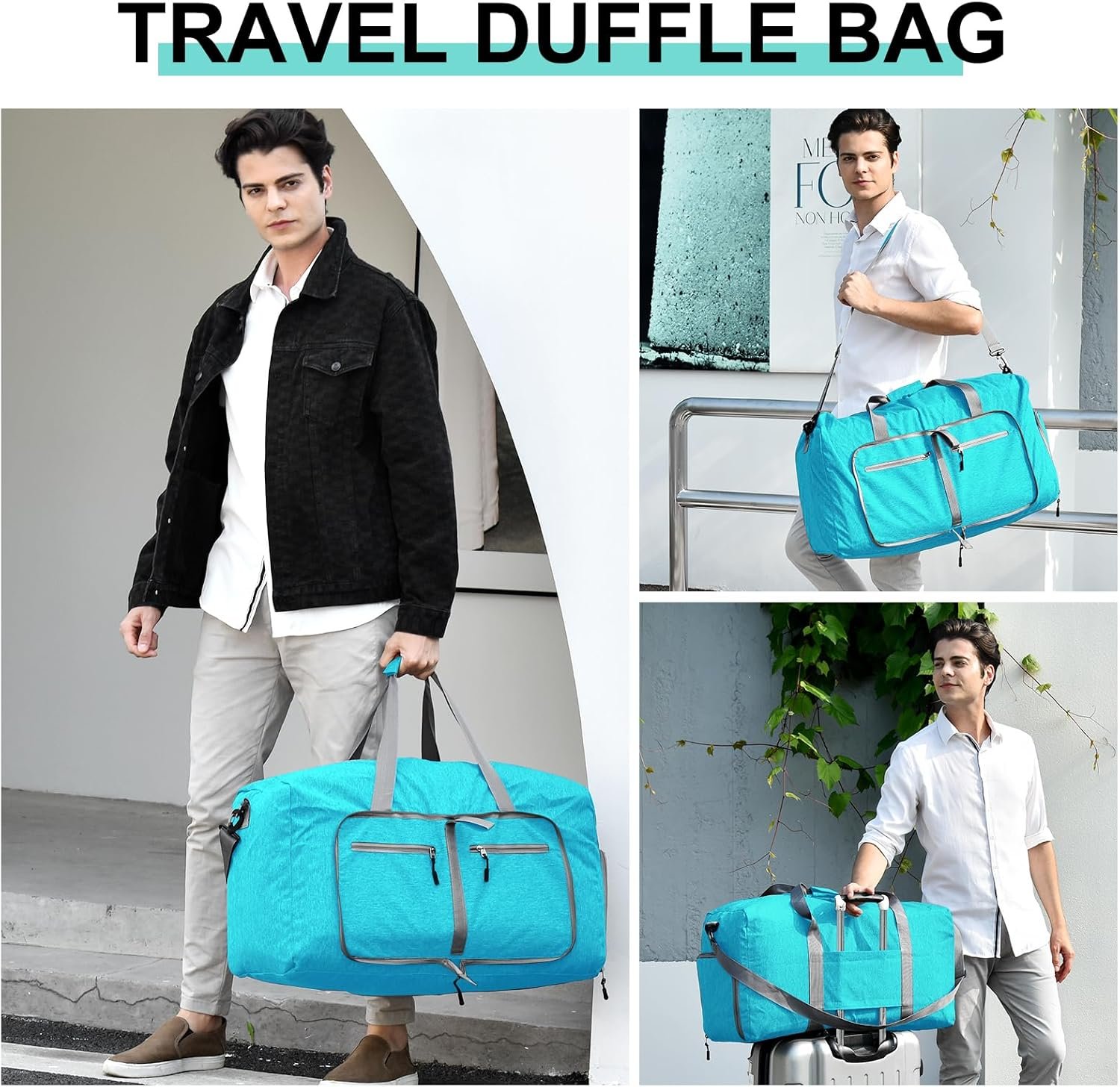 Custom Logo 40L Travel Duffel Bag - Private Label Foldable with Shoes Compartment for Men & Women Waterproof & Tear Resistant - Overnight Bag Mint Green Factory