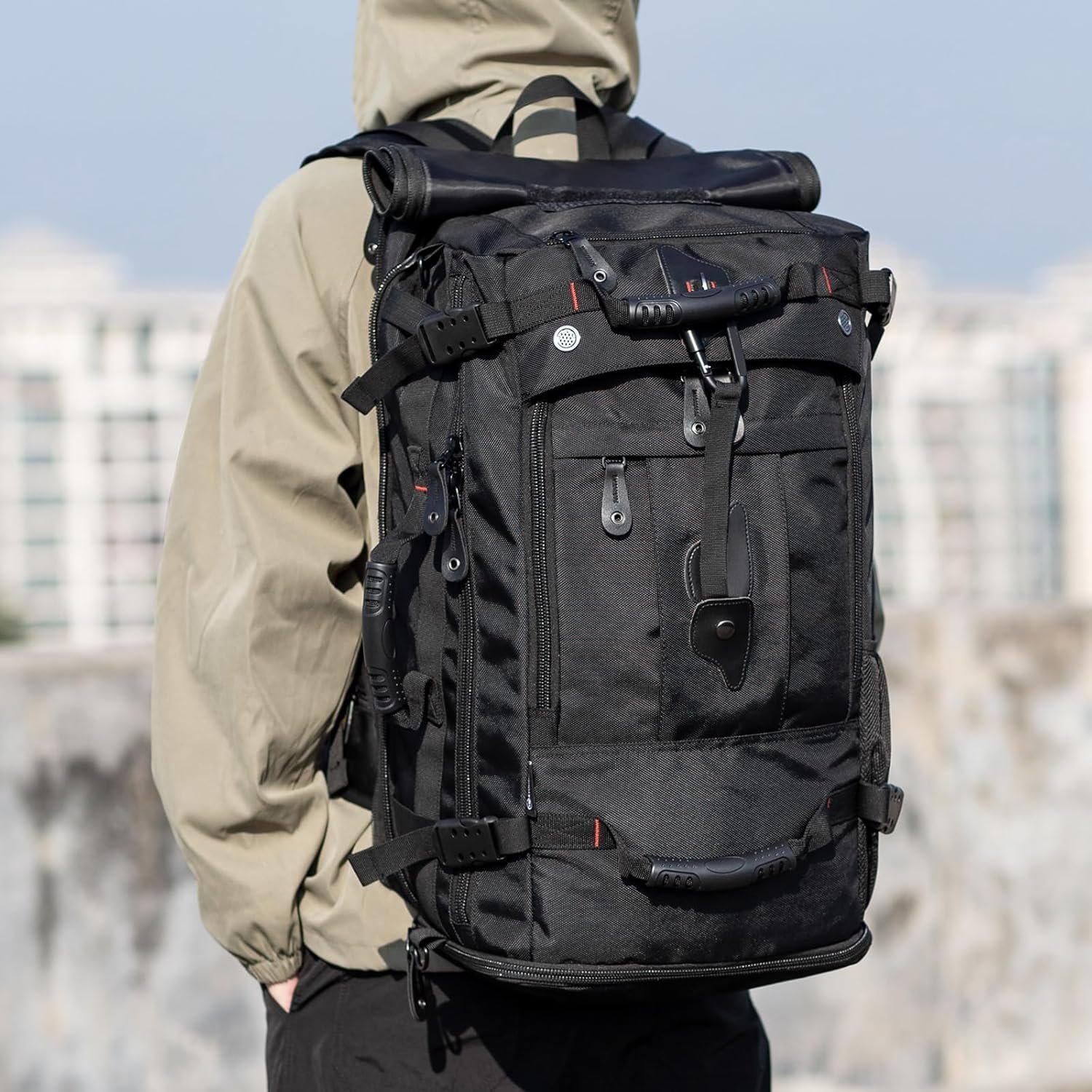 Custom Logo Durable 60L Large Carry On Backpack Private Label Convertible Duffle Bag for Travel Hiking Sports Laptop Airplane Manufacturer Black