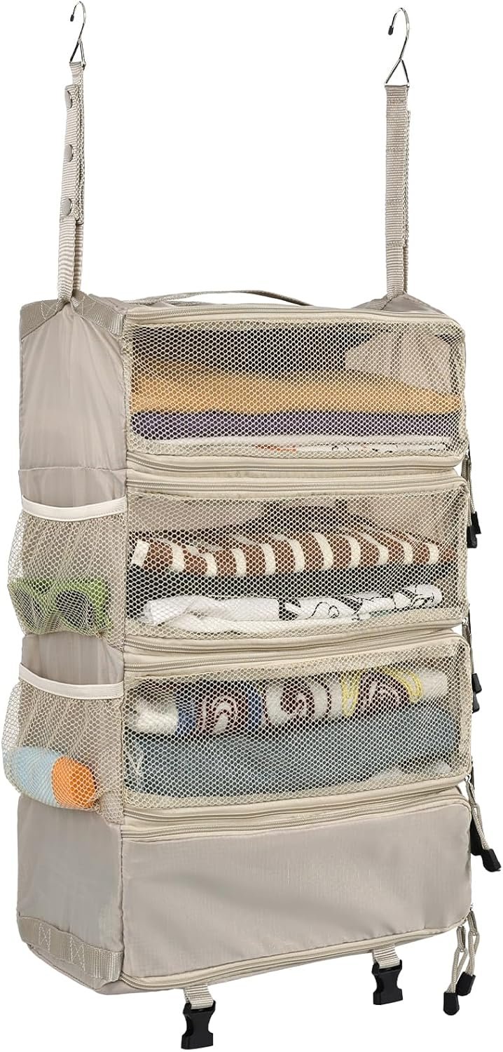 Private Label Travel Hanging Portable Luggage Suitcase Closet Organizer Multiple Compartments Custom Logo Collapsible Compression Packing Cubes Shelf Beige M Manufacturer