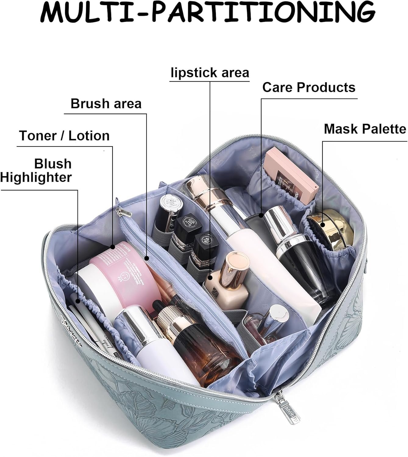 Private Label 3 Pcs Large Capacity Travel Makeup Bags Floral Cosmetic Organizer Manufacturer with Compartments Waterproof Leather Toiletry Bag with Handle Custom Logo for Women (01-Light Blue)